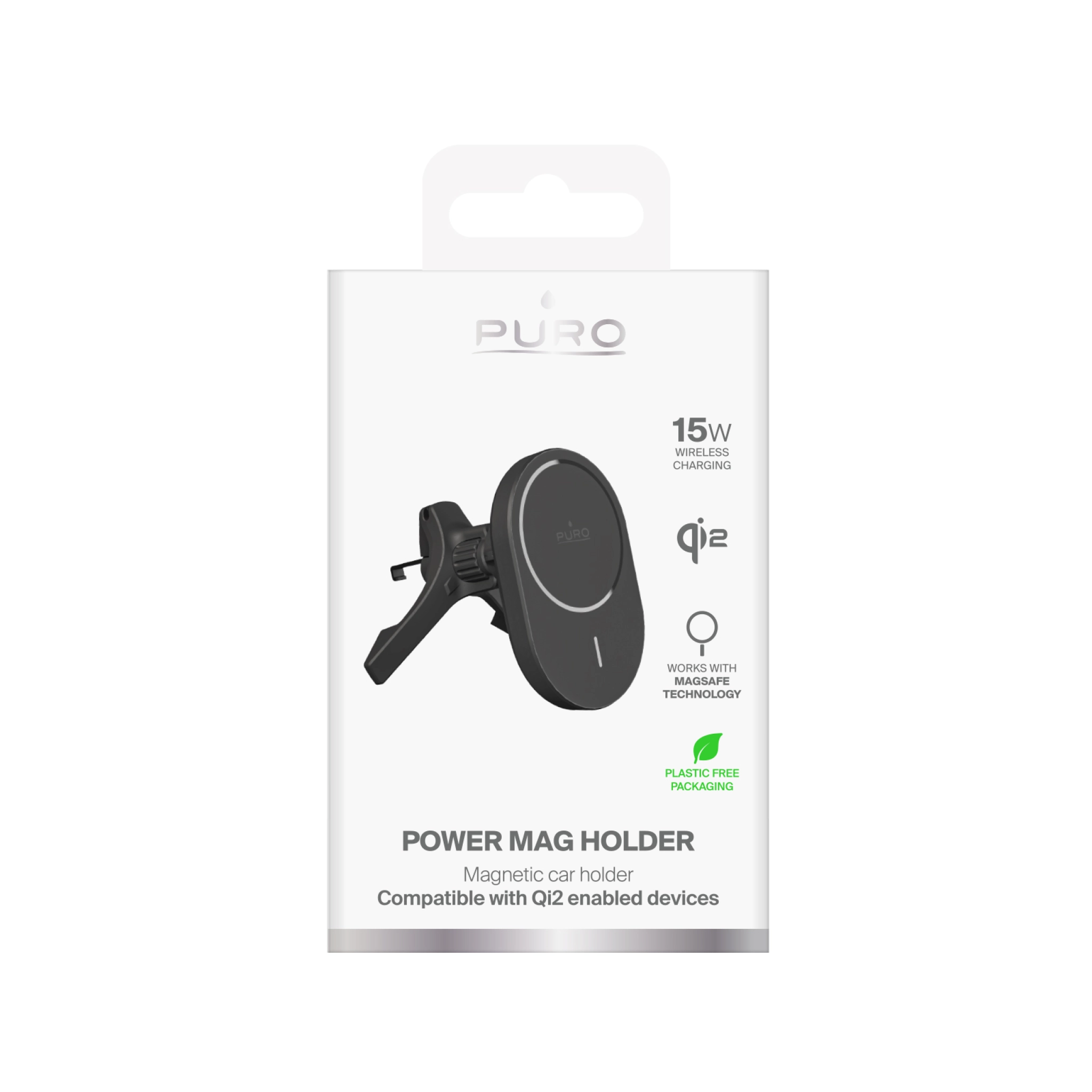PURO Power Mag Holder magnetic car mount with Qi2 wireless charging