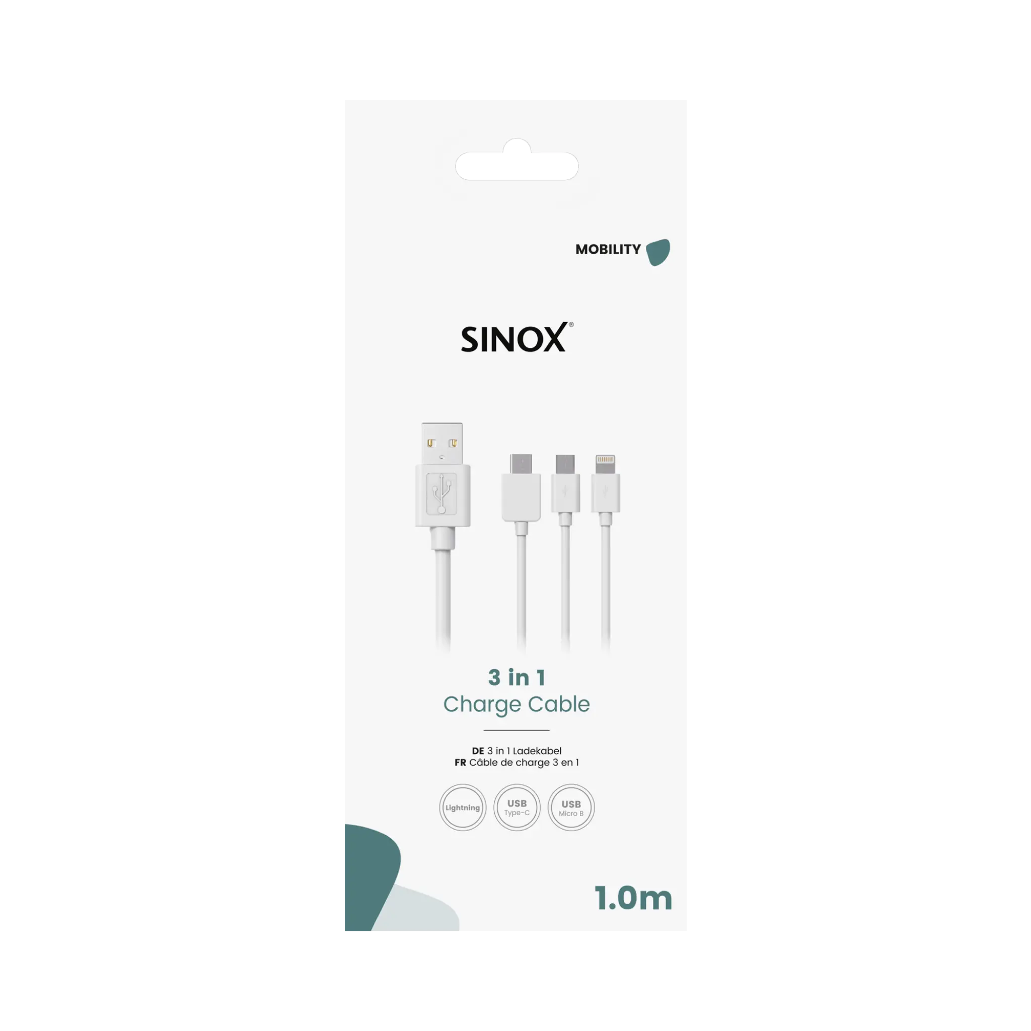 Sinox 3-in-1 Cable with Lightning, USB C and Micro USB. 1m. White