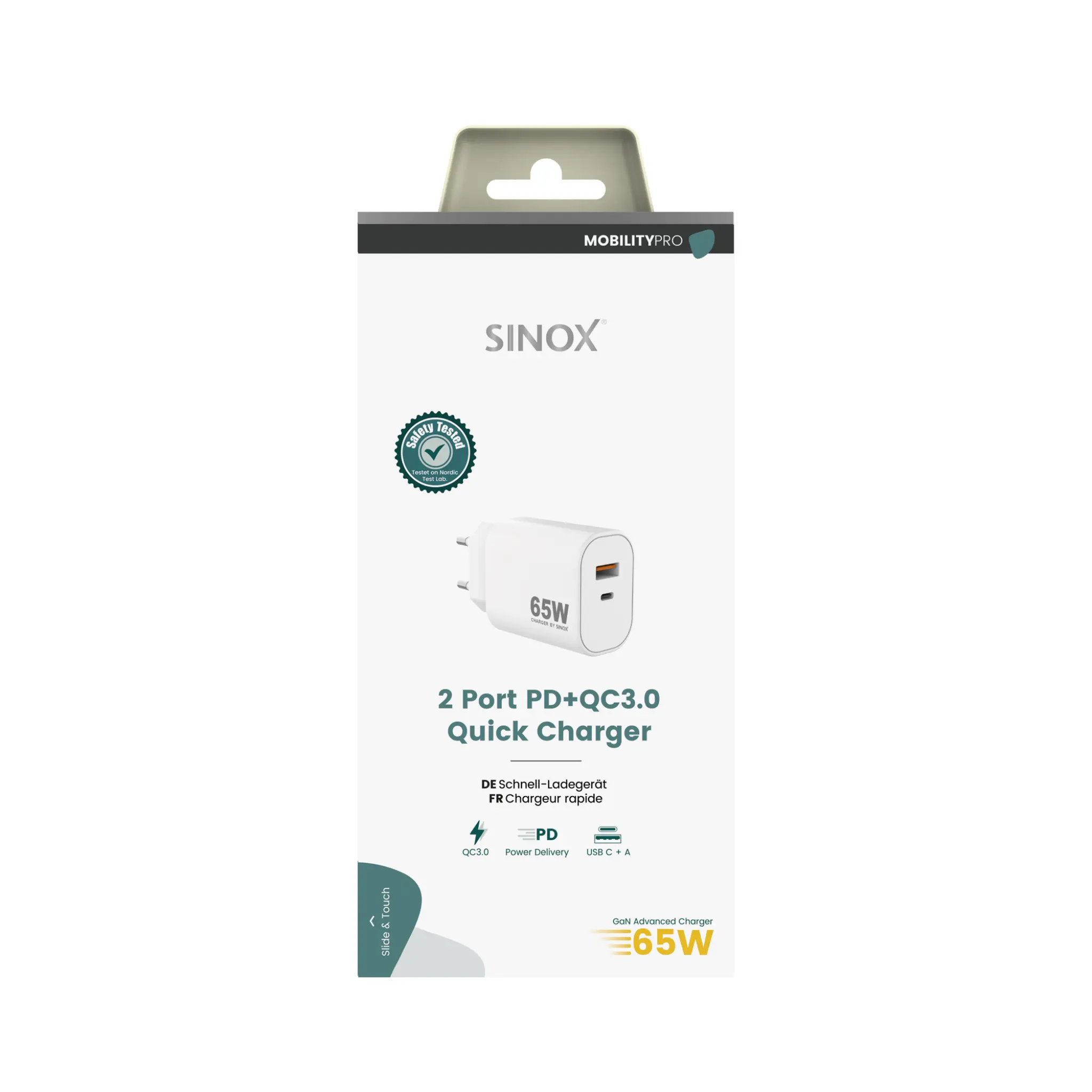 Sinox PRO Wall Charger USB-A+USB-C PD 65W. White