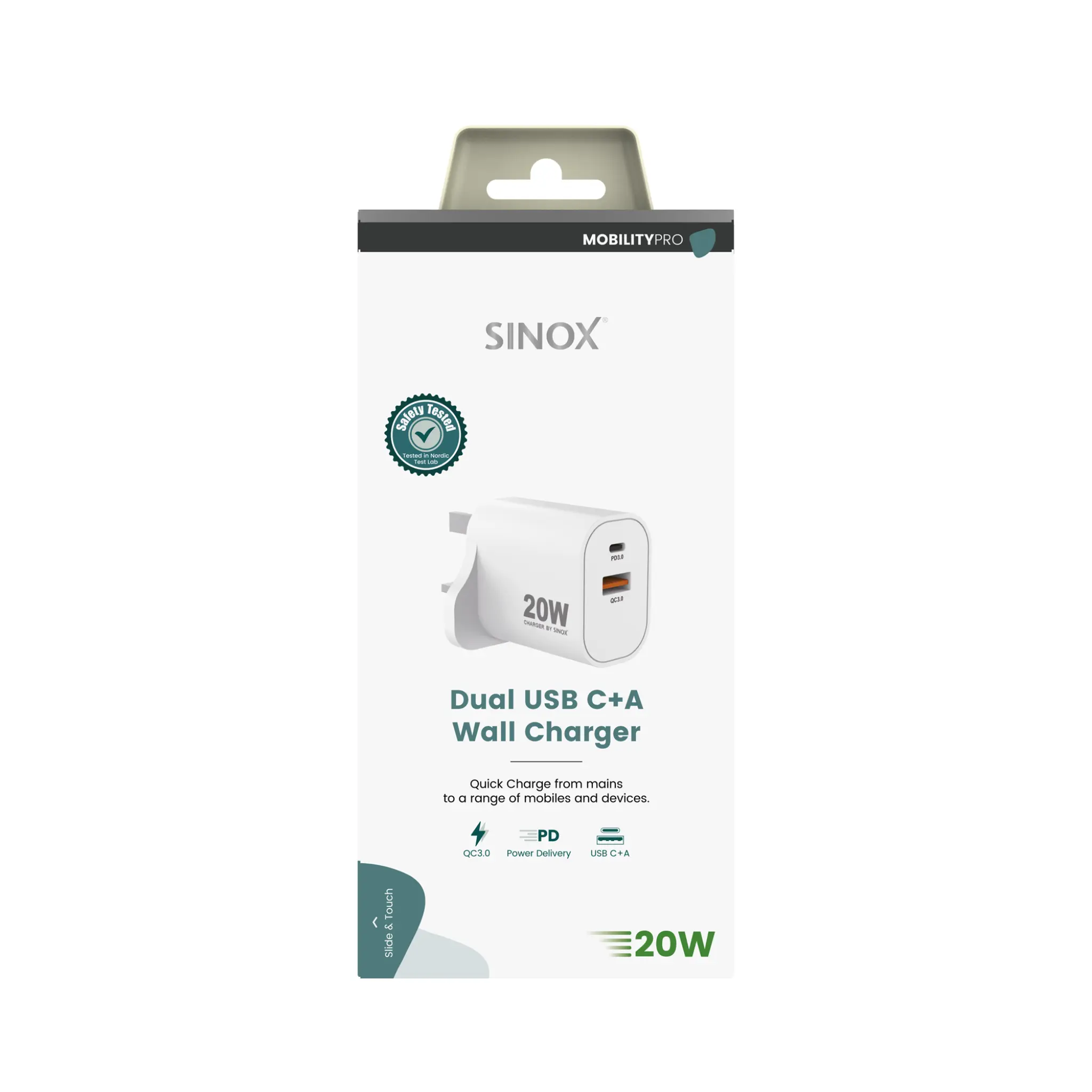 Sinox PRO Wall Charger USB-A+USB-C 20W. White