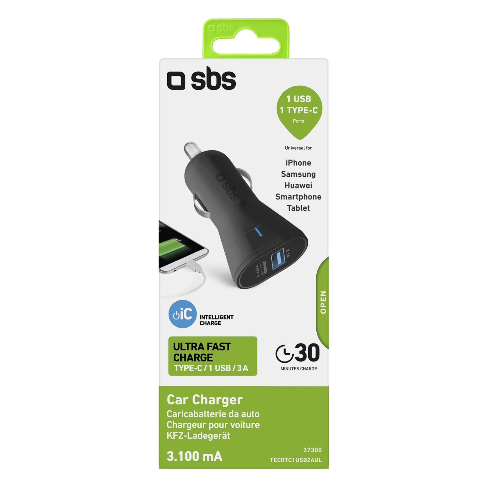 SBS 15W Car Charger. 2.1A + 3A. Black