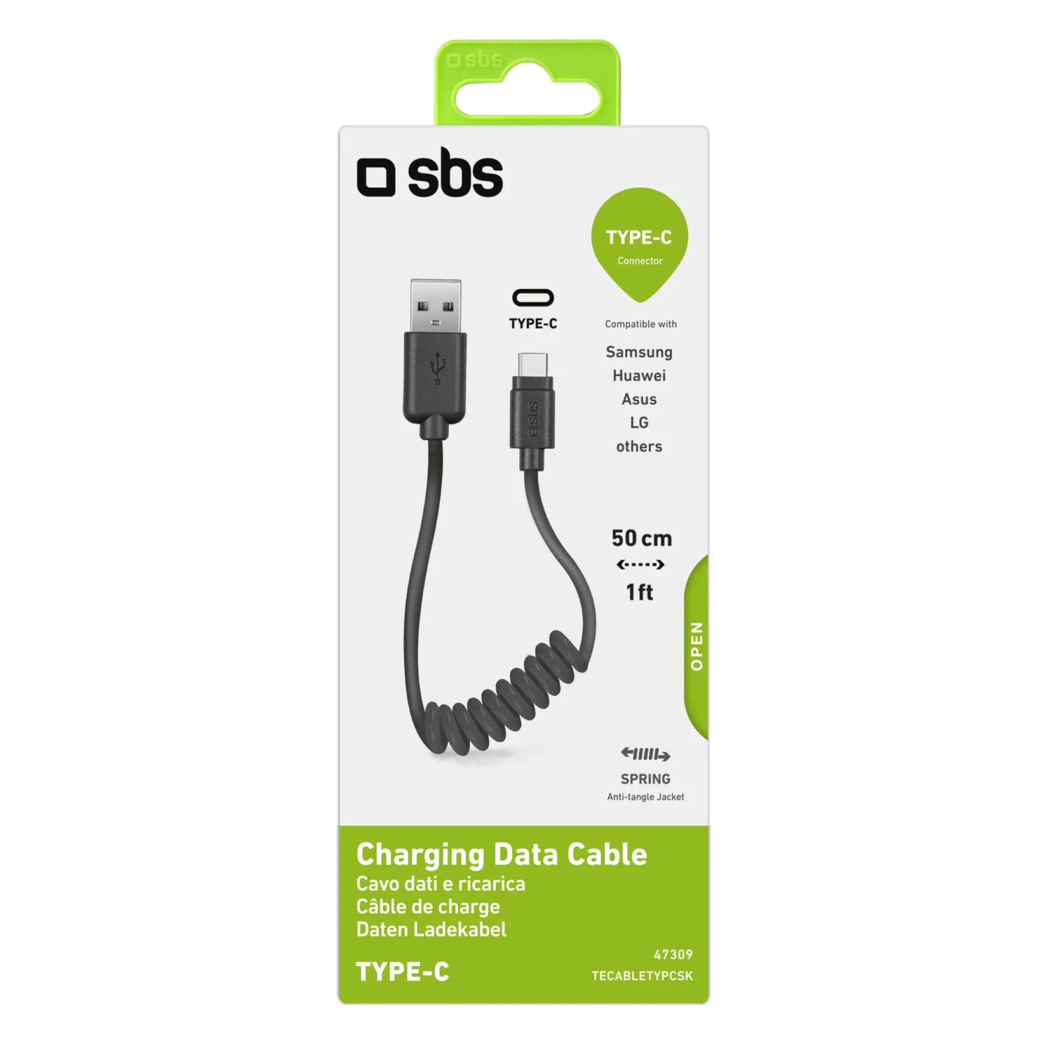 SBS Data and Charging Coiled Cable USB 2.0 - USB C. 17-50cm. Black
