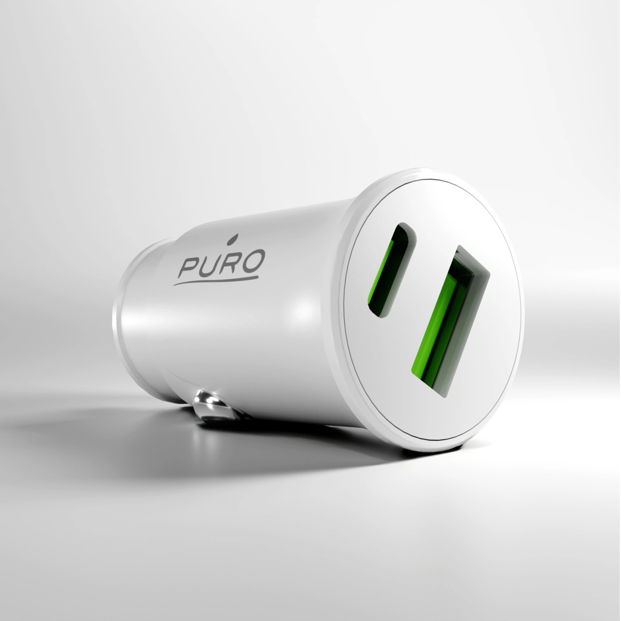 PURO Pro Lite car charger with 1 USB-A port and 1 USB-C port. White