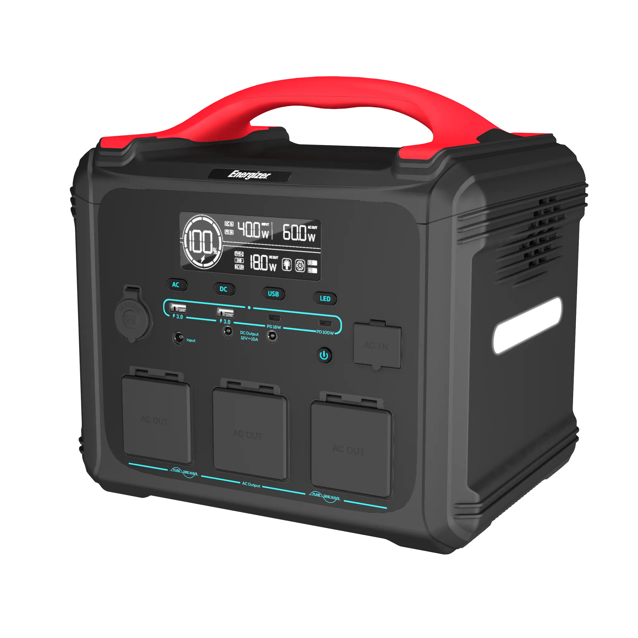 Energizer 1102Wh bærbart kraftværk med 2400W. Sort