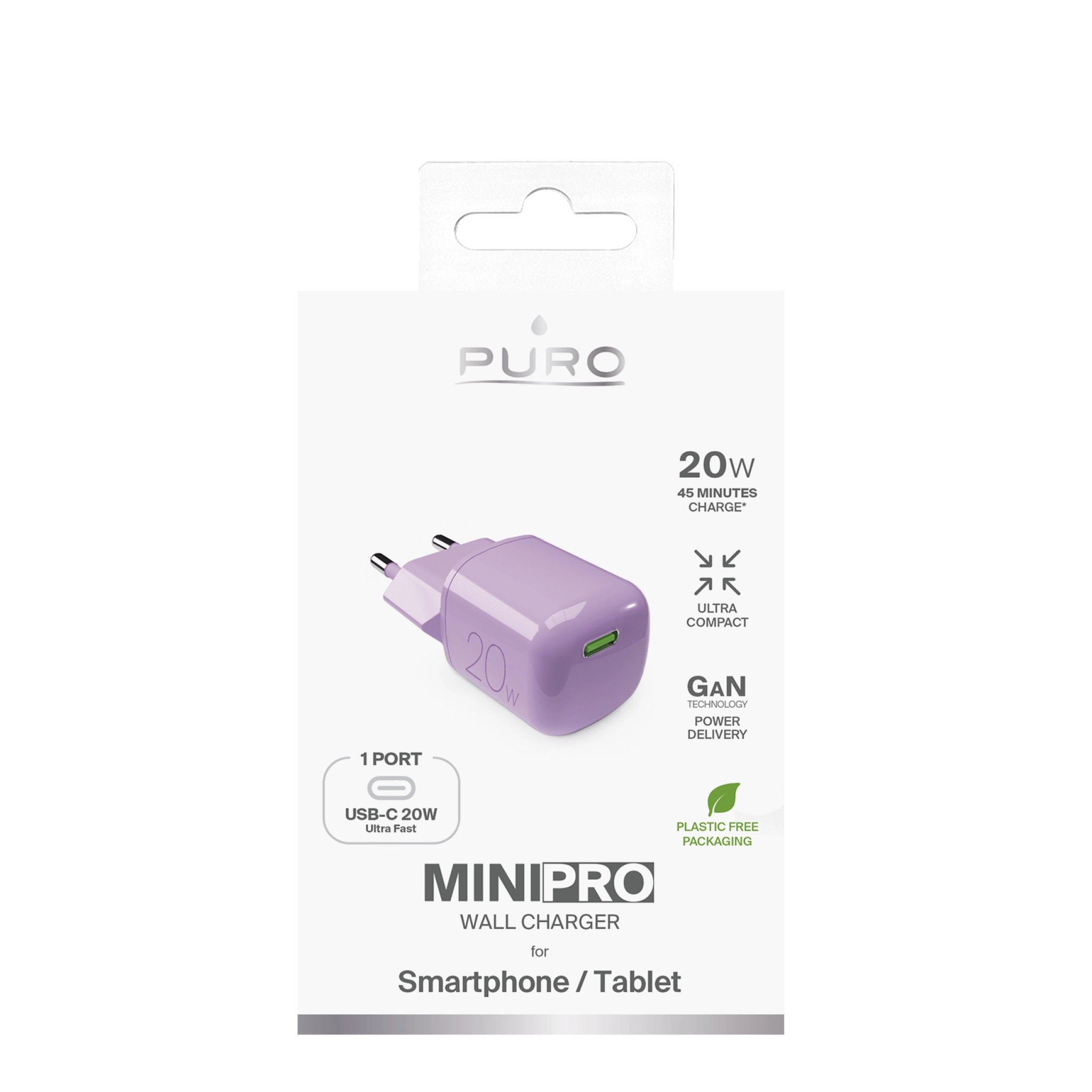 PURO MiniPro 20W USB-C-vægoplader - GAN-teknologi. Lyserød