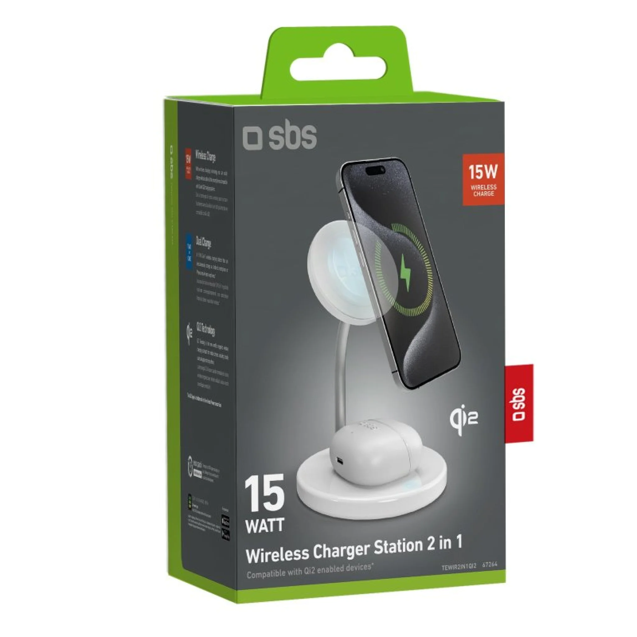SBS Qi2 2x1 Wireless Charging Station 15W, White