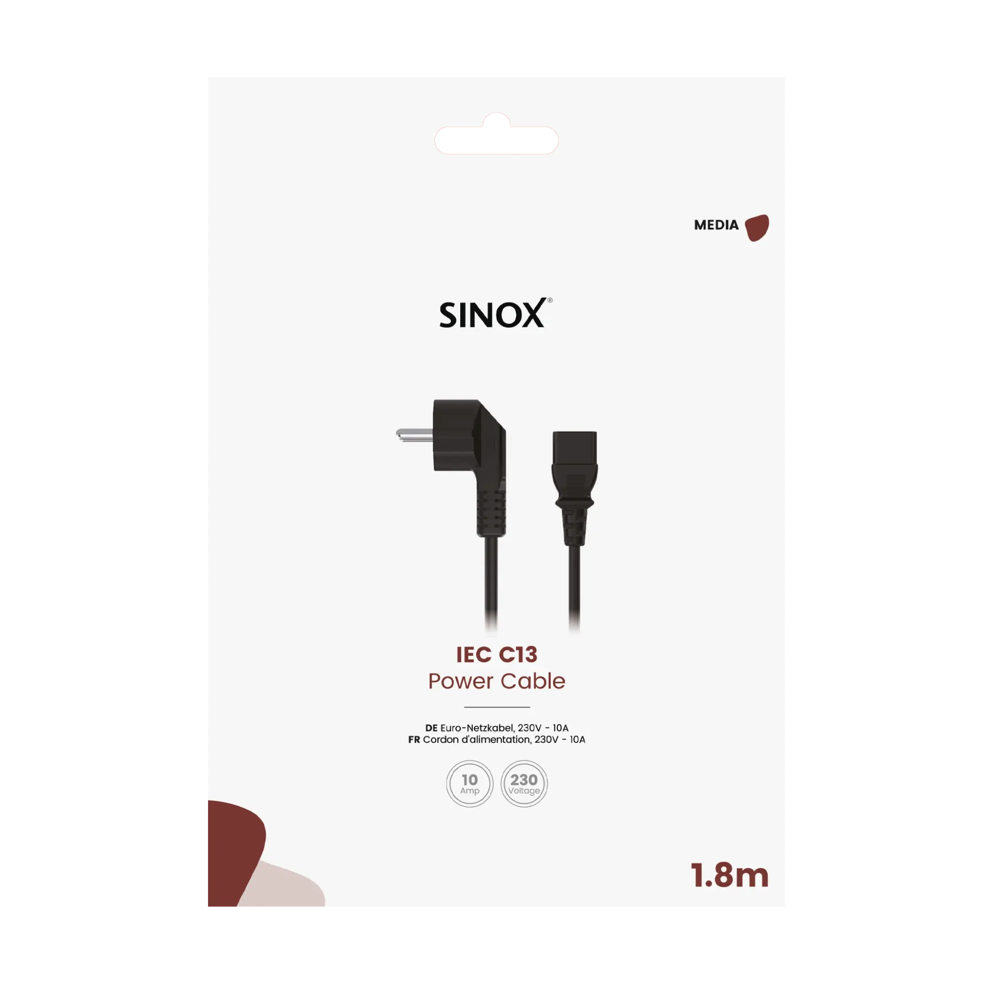 Sinox 3-pin power cable. 1.8m. Black