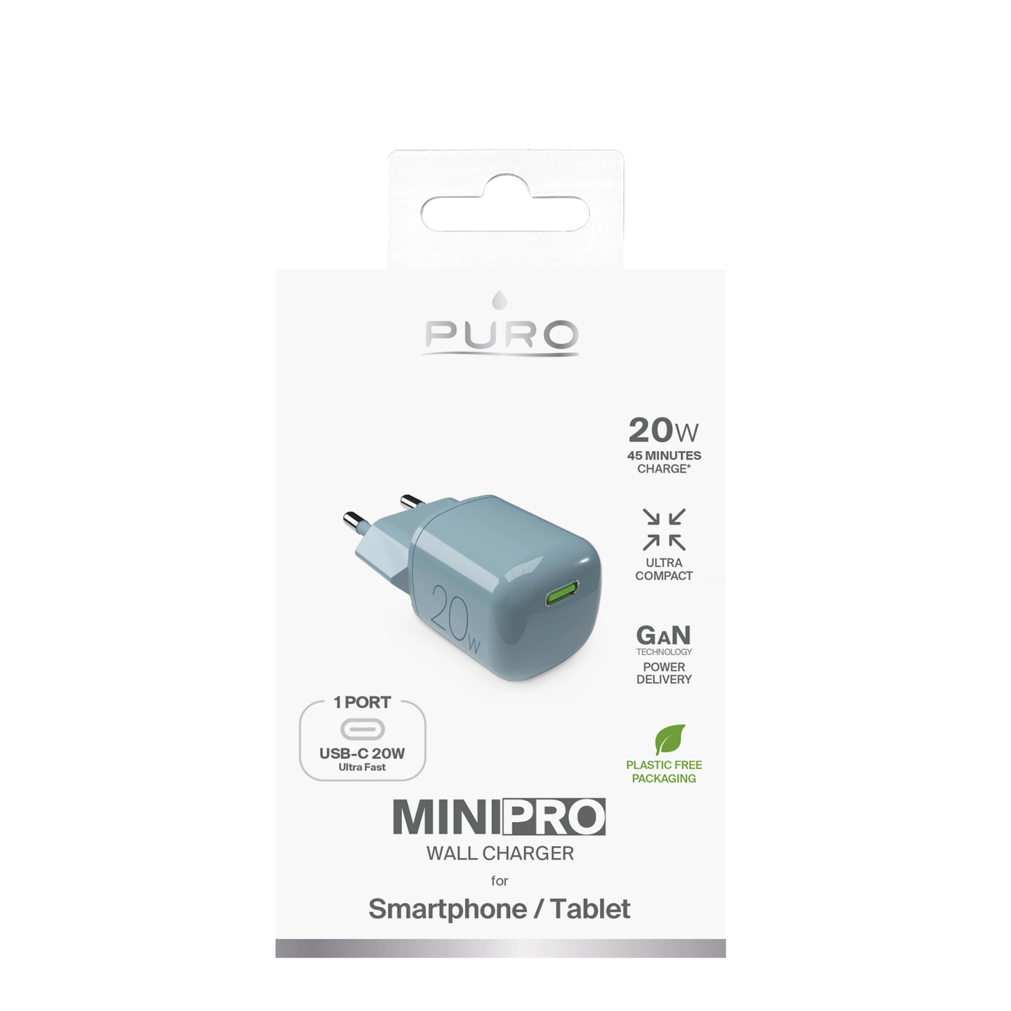 PURO MiniPro 20W USB-C-vægoplader - GAN-teknologi. Grøn