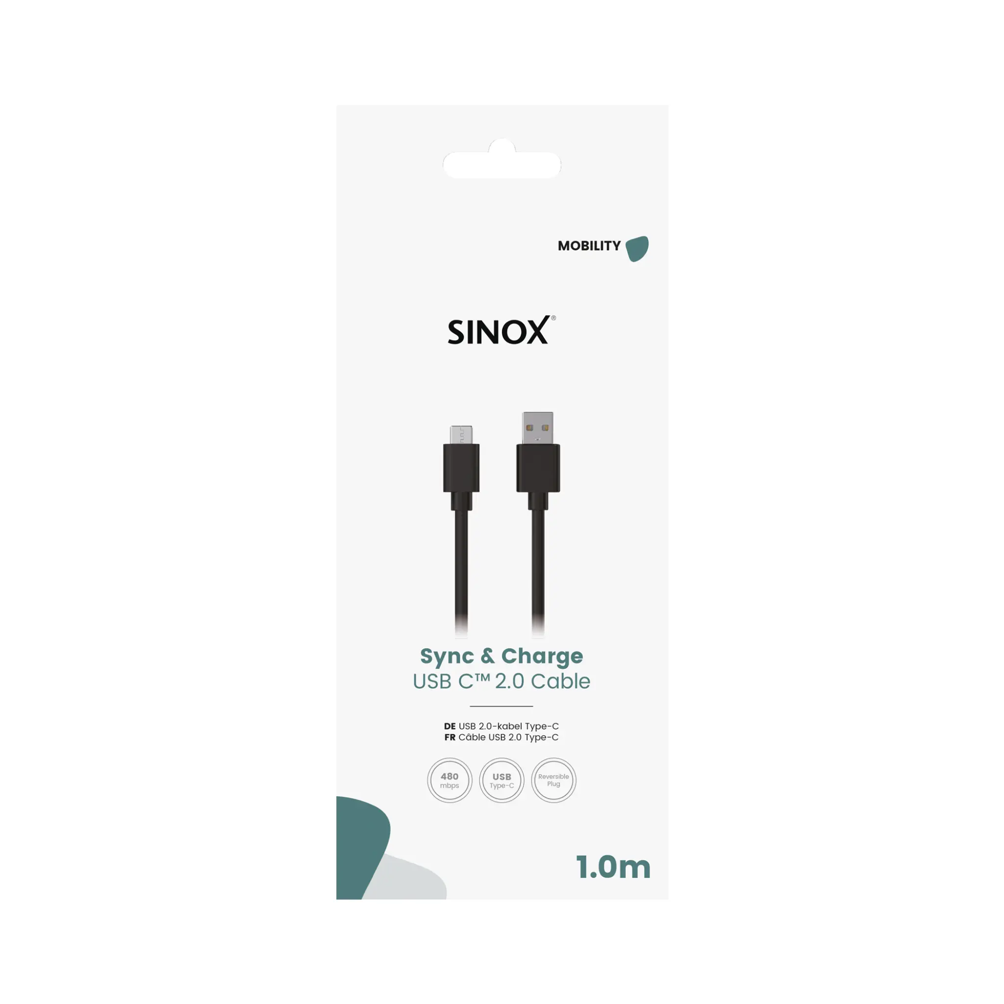 Sinox USB C to USB A cable. 1m. Black