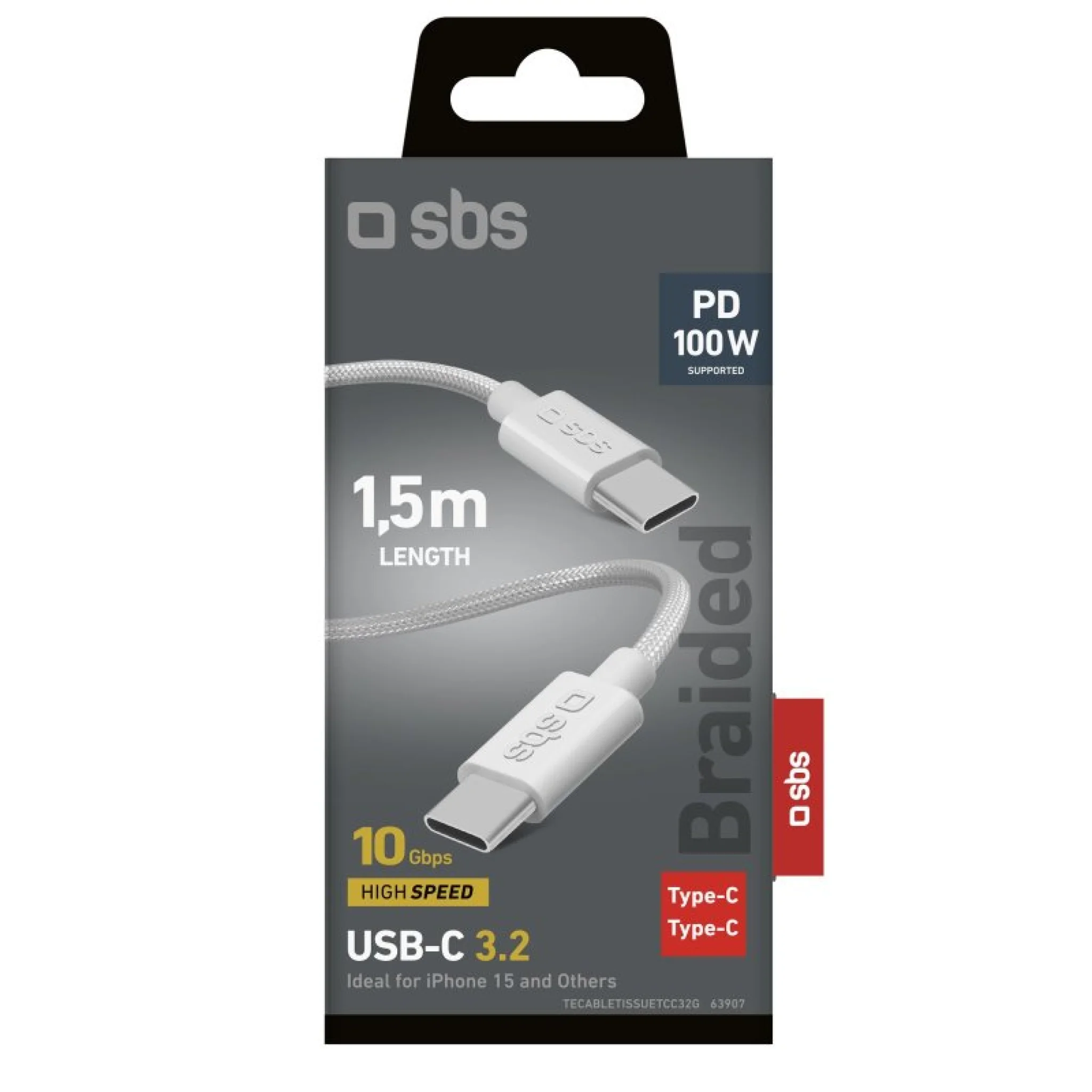 SBS USB-C 3.2 100W PD charging & data cable. 1.5m. Grey