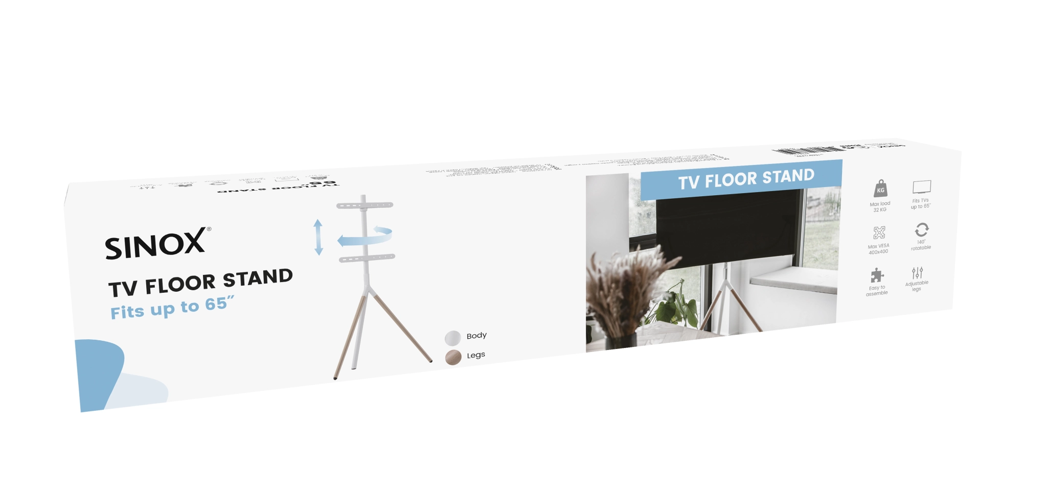 Sinox Tripod TV gulvstand med drejbar top. 45"-65". Lyst træ/hvid