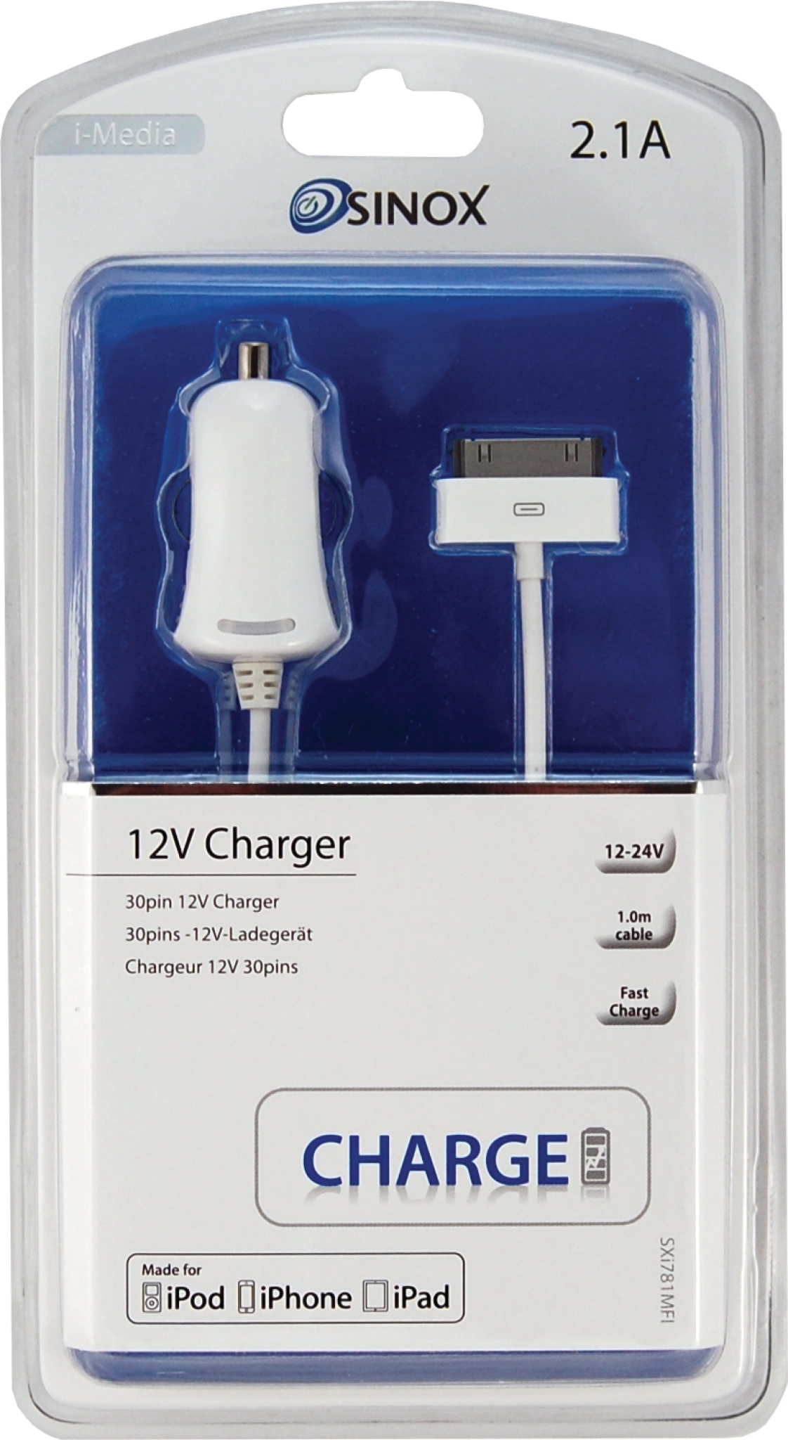 Sinox 12V Car Charger w/30-pin+MFI chip 2.1A. 1m. White