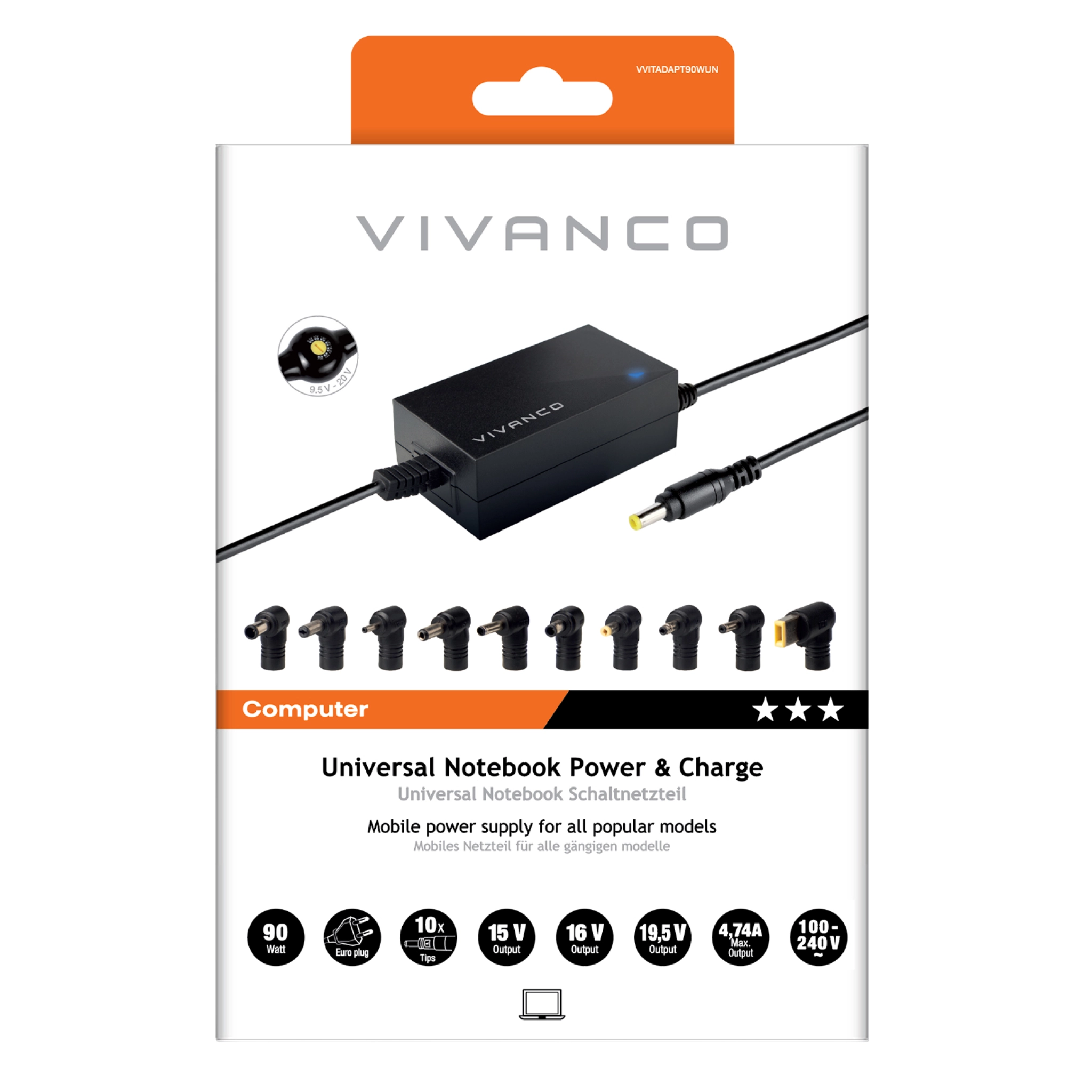 Vivanco Universal switching-strømforsyning til notebooks og netbooks, 90 watt