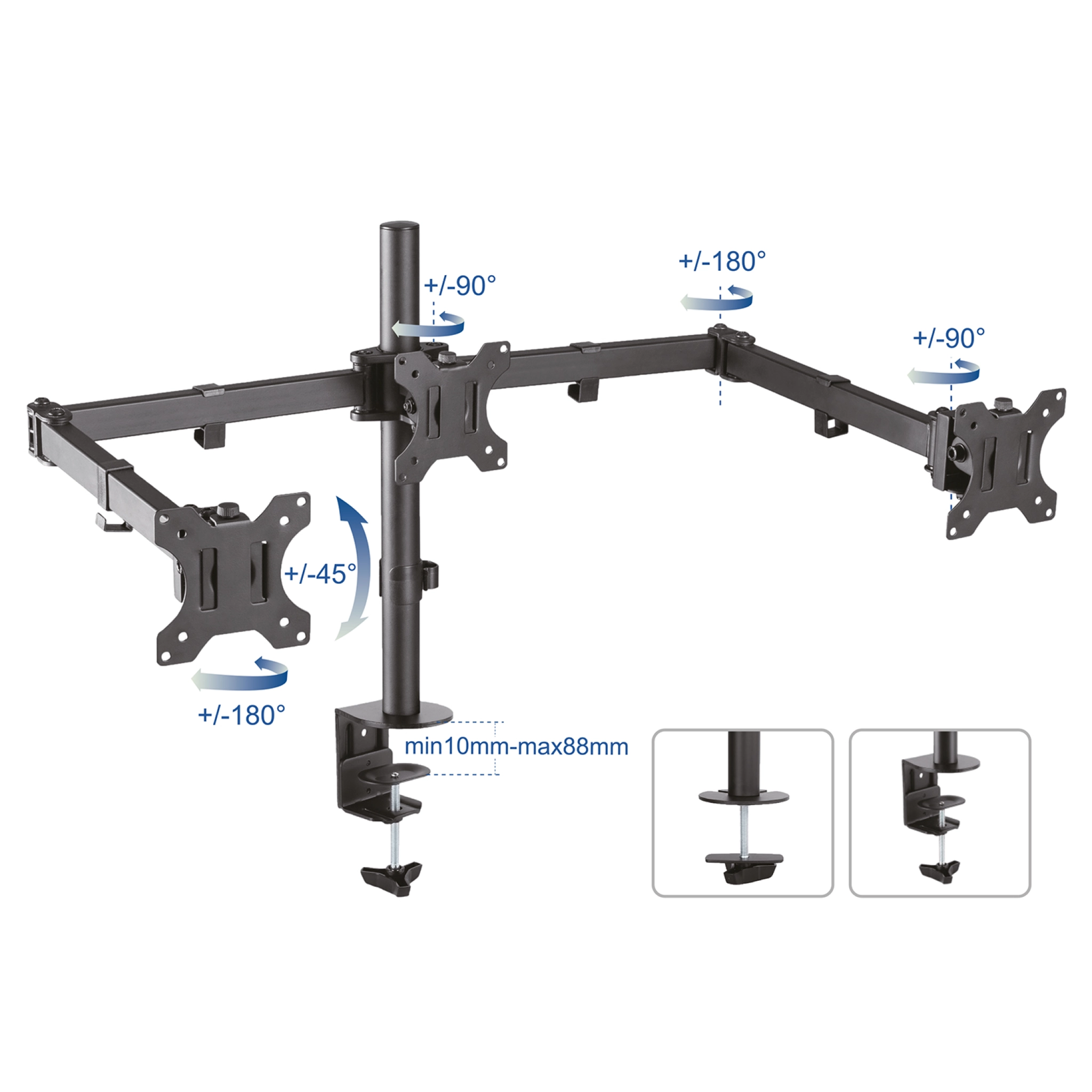 Sinox Office Tripple Monitor Desk Mount. Up to 27". Black