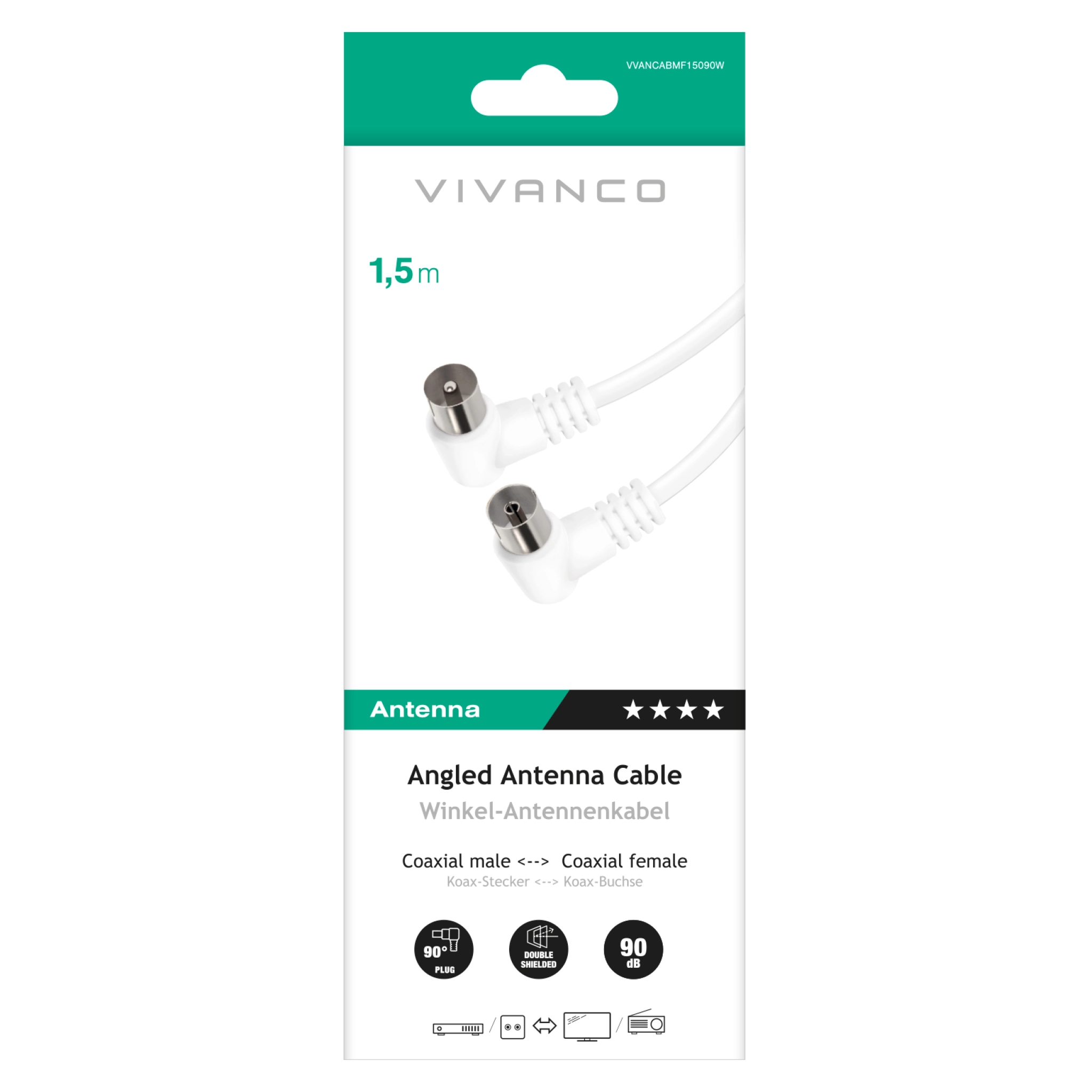 Vivanco 90dB antennekabel med vinklede stik
