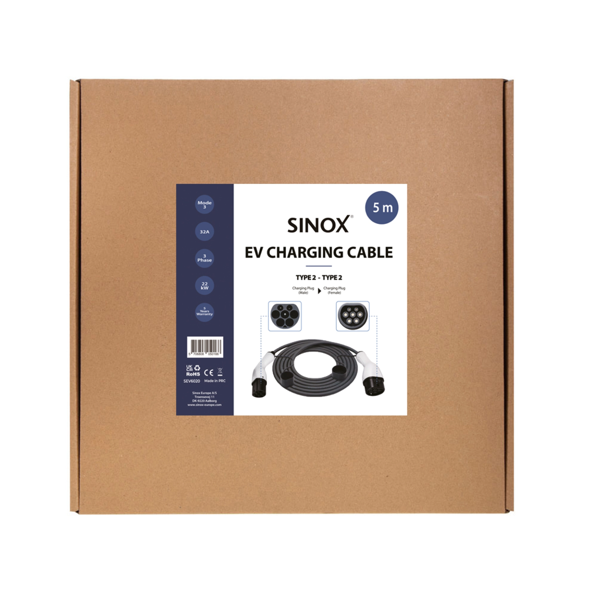 Sinox EV Charging Cable Mode 3. 32A 3 phases. 5m. Black