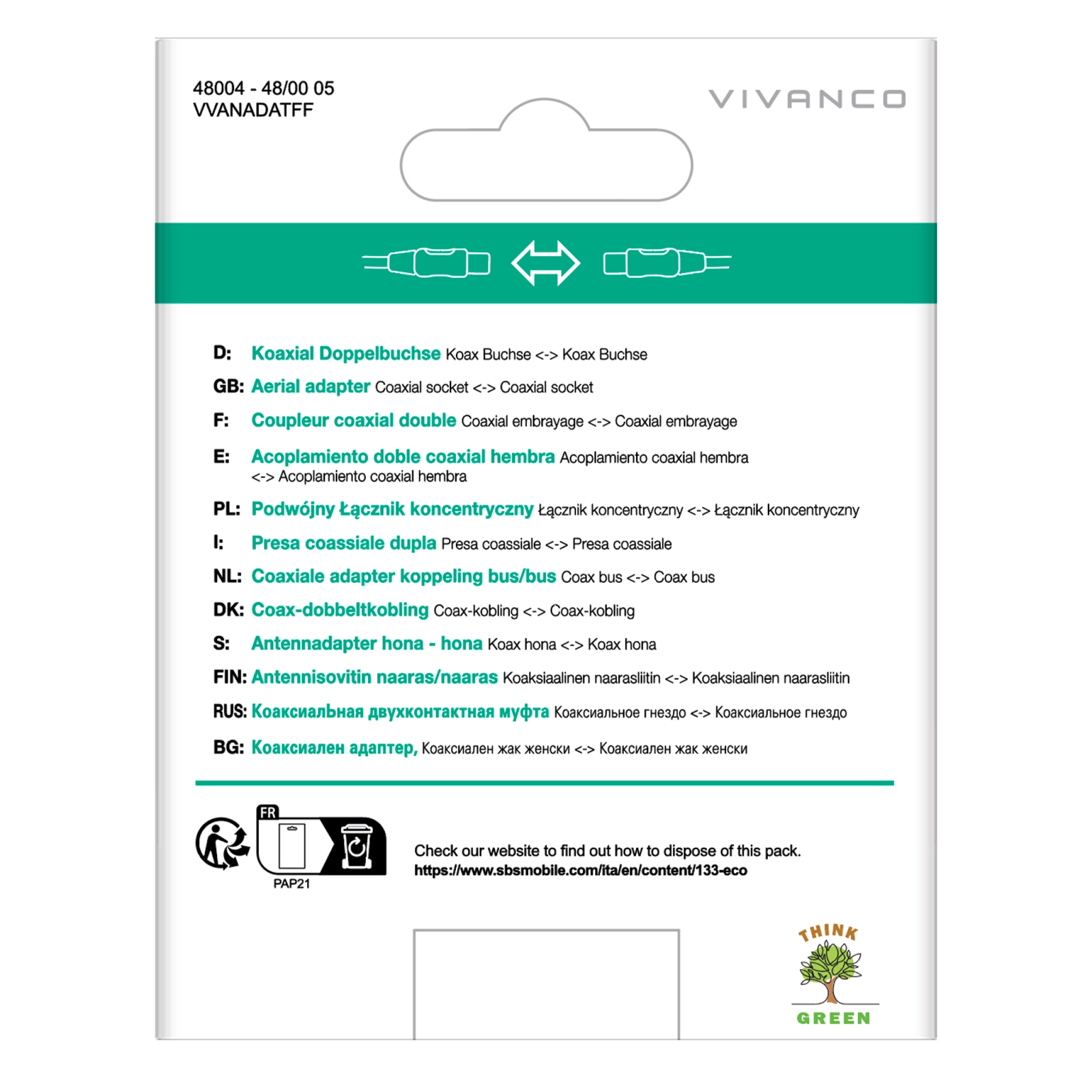 Vivanco koaksial antenneadapter, hun til hun