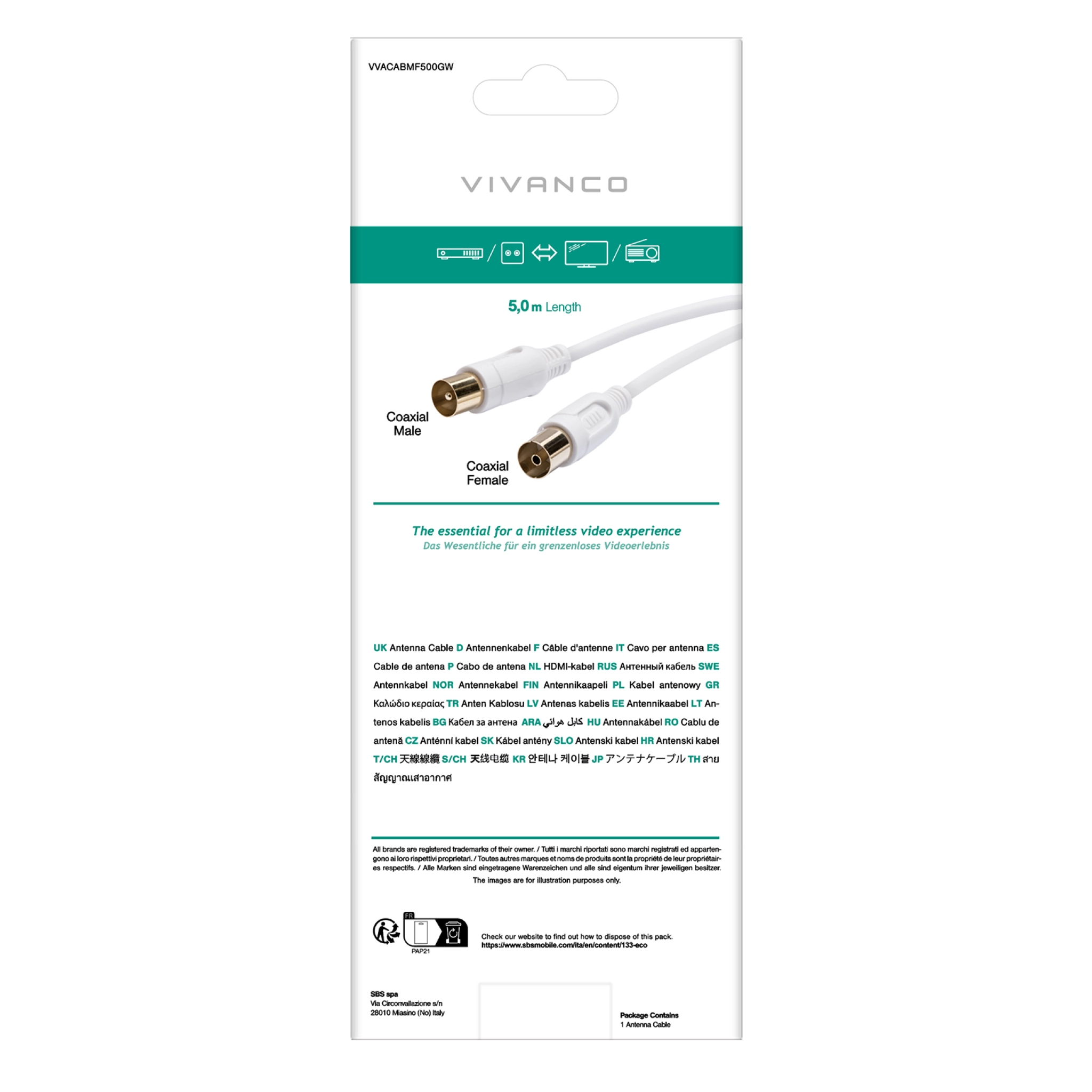 Vivanco koaksialt antennekabel af ferrit, 90dB