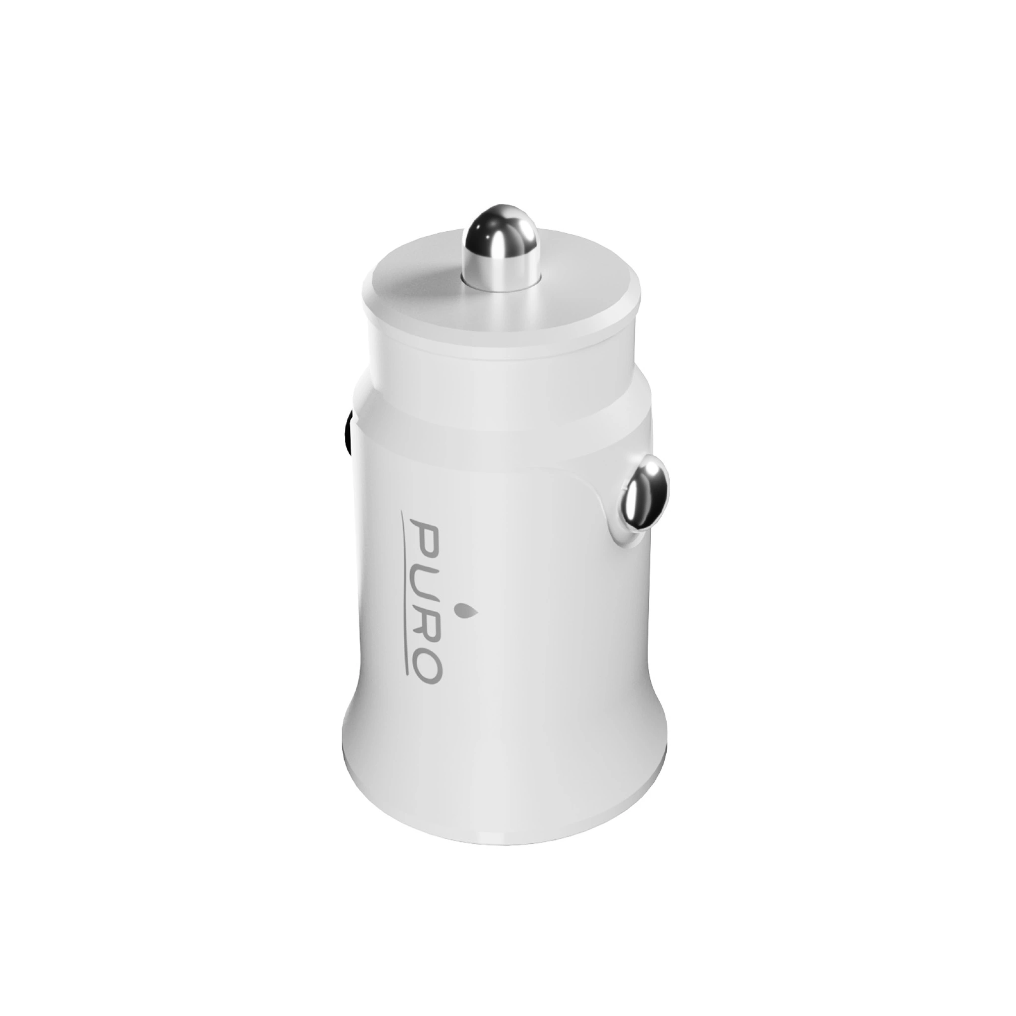 PURO Pro Lite car charger with 1 USB-A port and 1 USB-C port. White