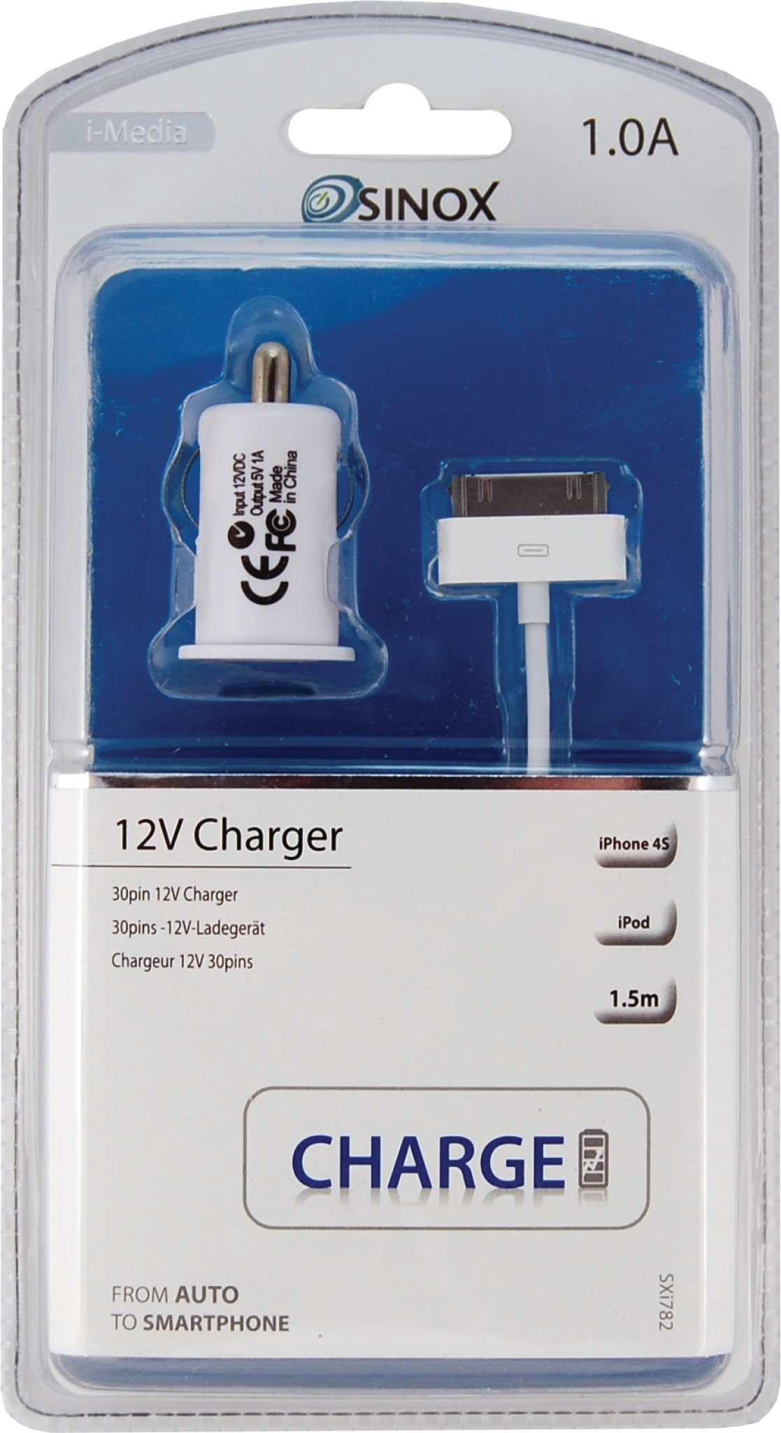 Sinox 12V Car Charger w/30-pin 1.0A. 1m. White