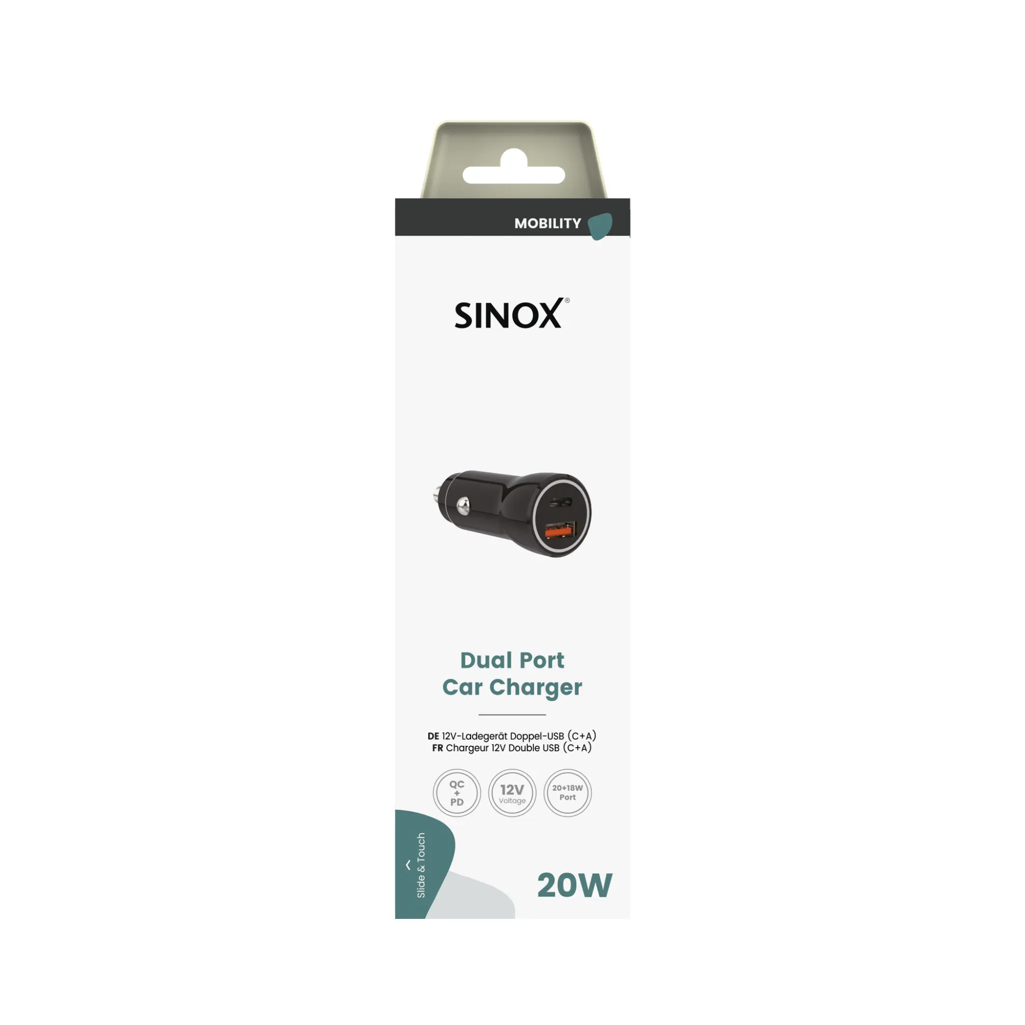 Sinox 12V Double Car Charger. USB A 18W + USB C 20W. Black