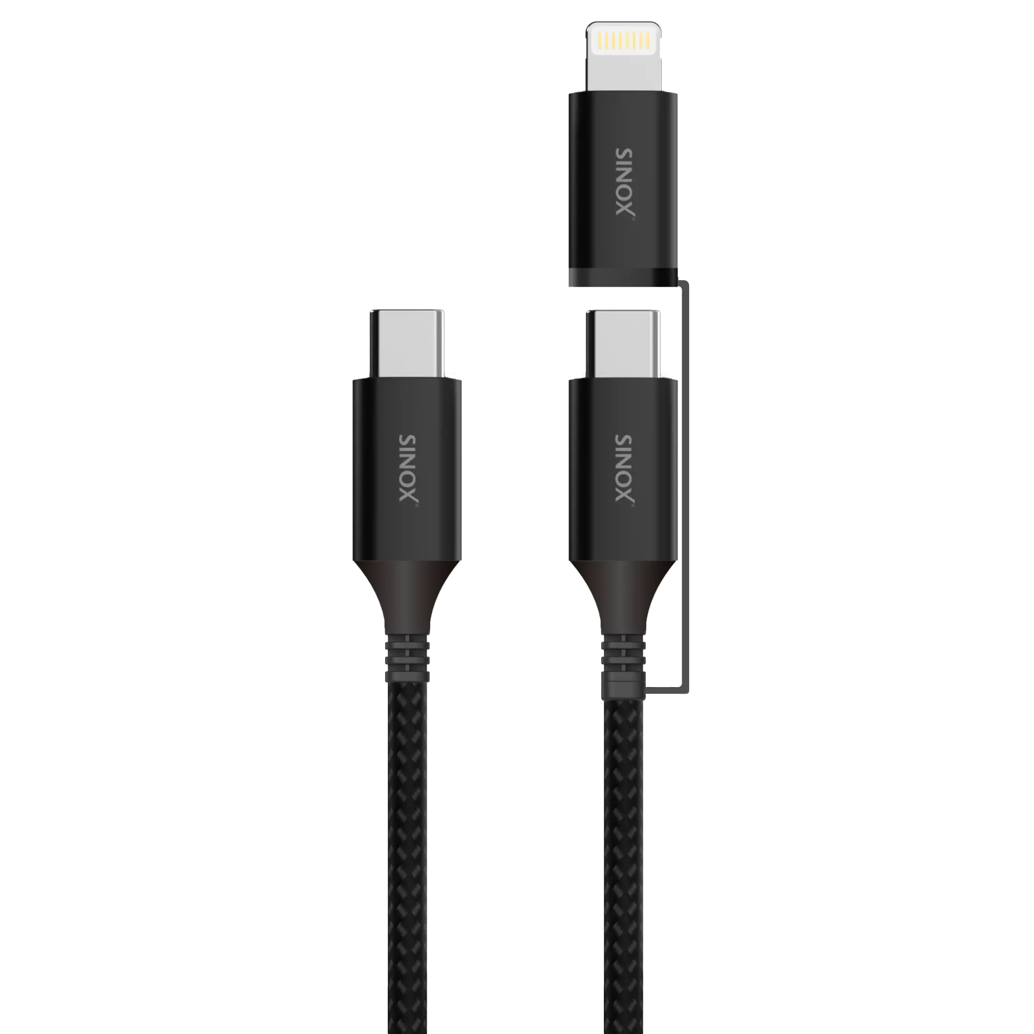 Sinox PRO 2-i-1 kabel med USB-C og Lightning. 1,5m. Braided. Sort