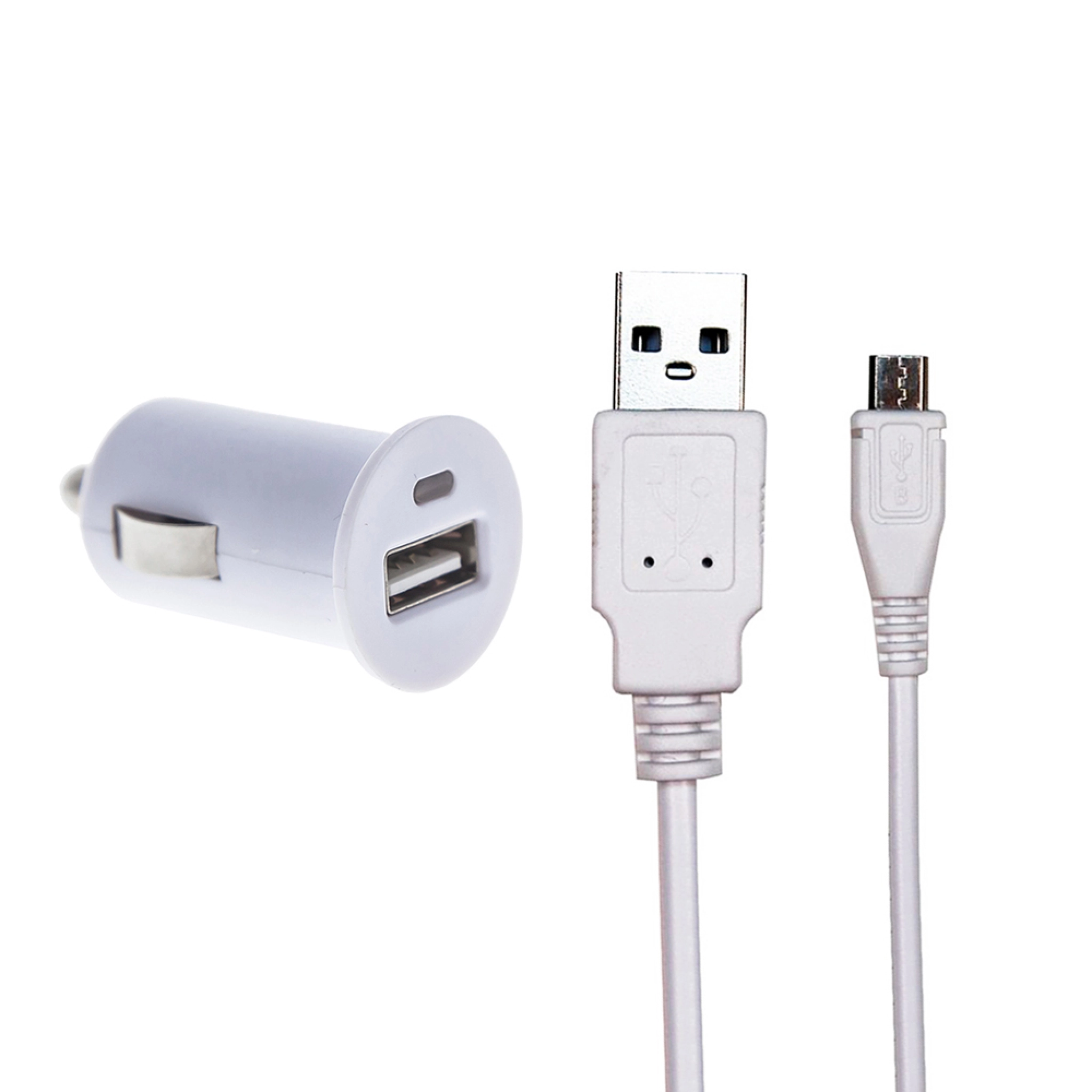 Sinox 12V USB A Car Charger w/Micro USB cable. 2.4A. 1.5m. White