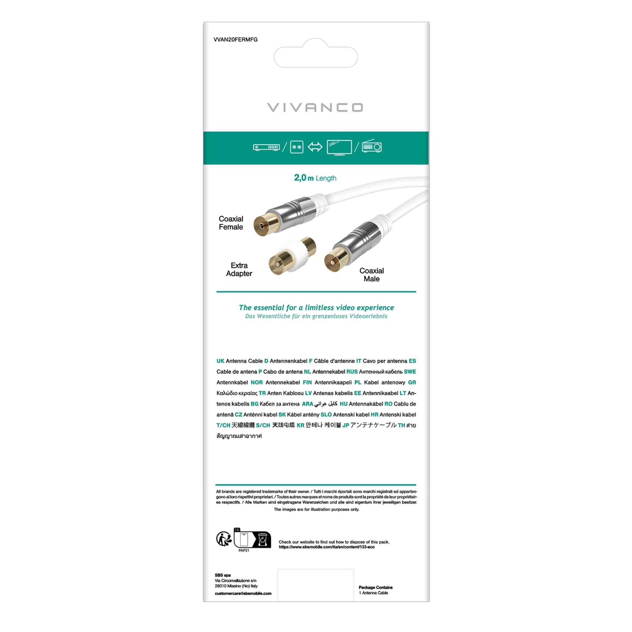 Vivanco Satellitantennekabel med ferritkerne, 110 dB