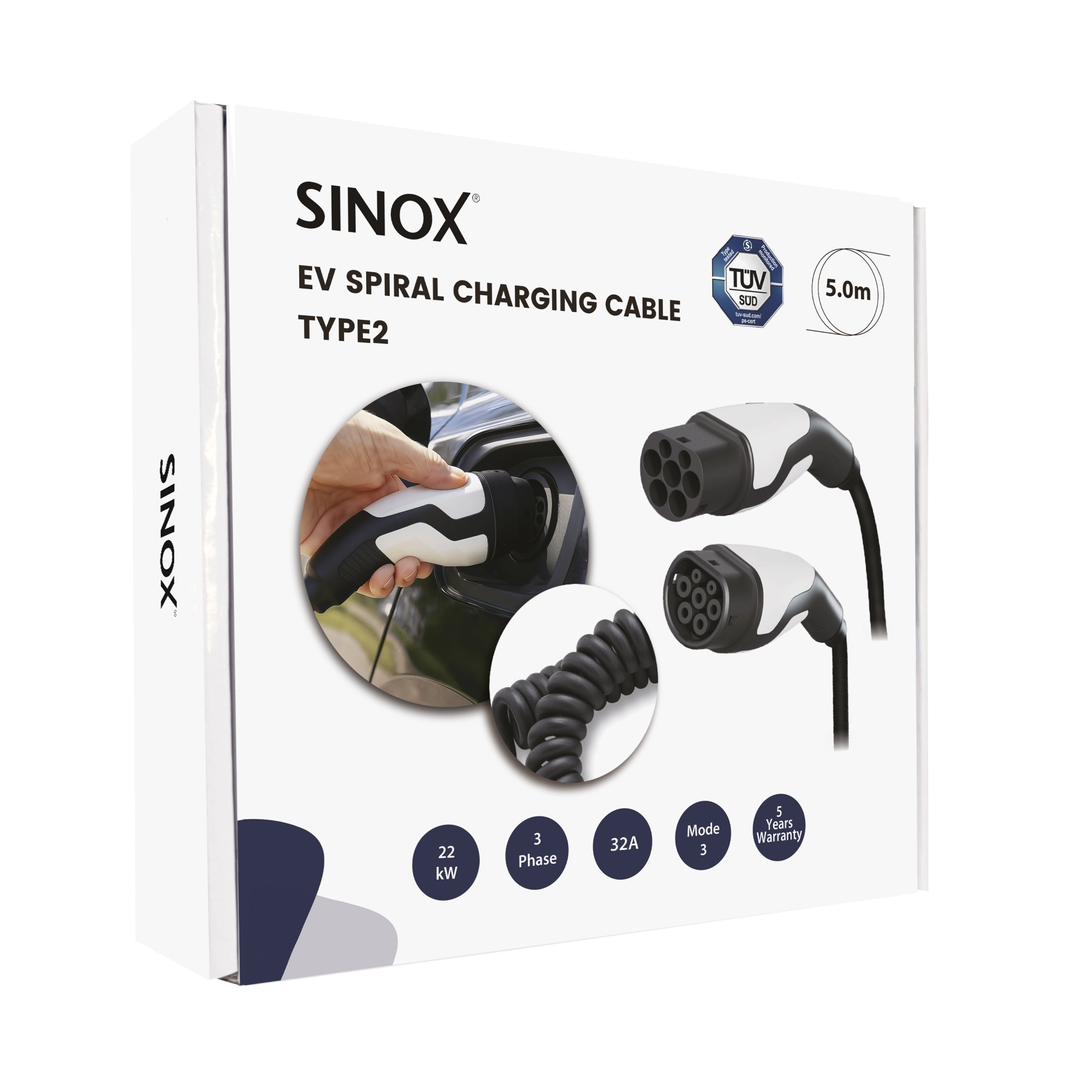 Sinox EV Charging Spiral Cable Mode 3. 32A 3 phases. 5m. Black