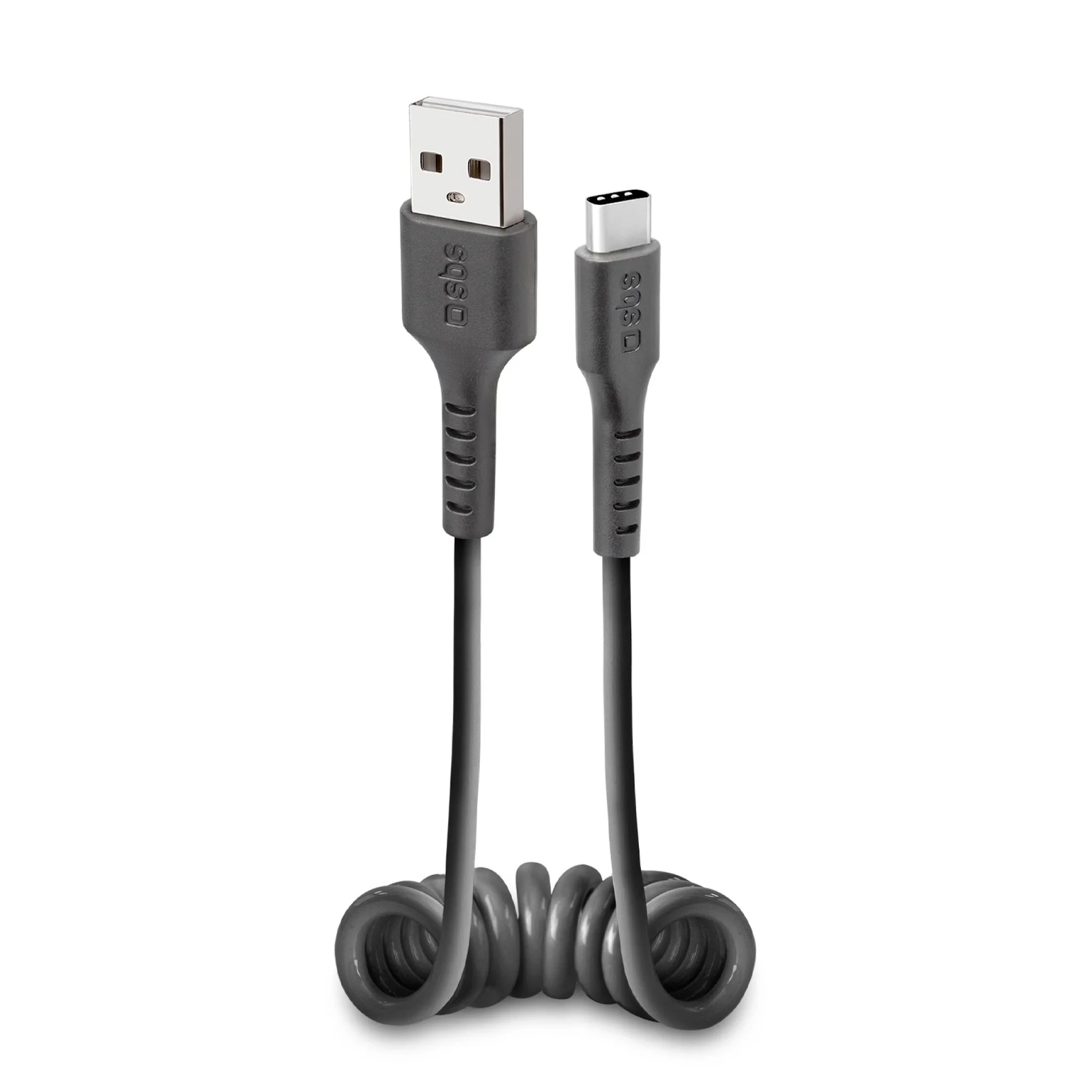 SBS Data and Charging Coiled Cable USB 2.0 - USB C. 17-50cm. Black