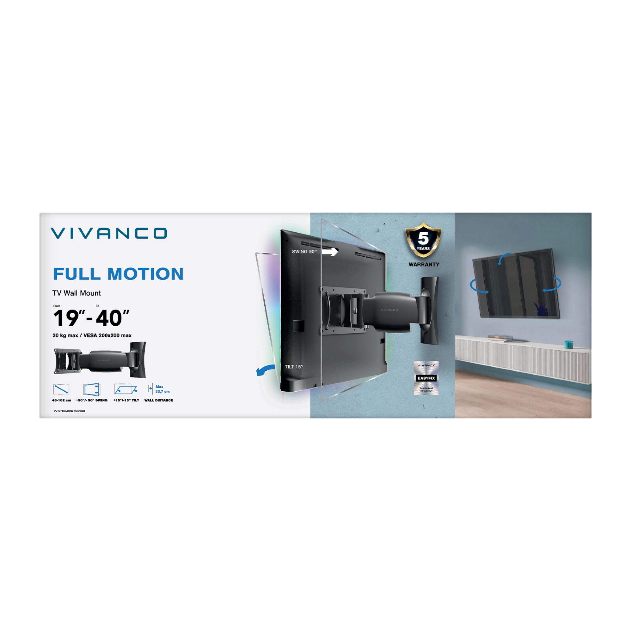 Vivanco TITAN TV-vægbeslag, TILT, rotation 360°, 40", 20 kg, VESA 200x200