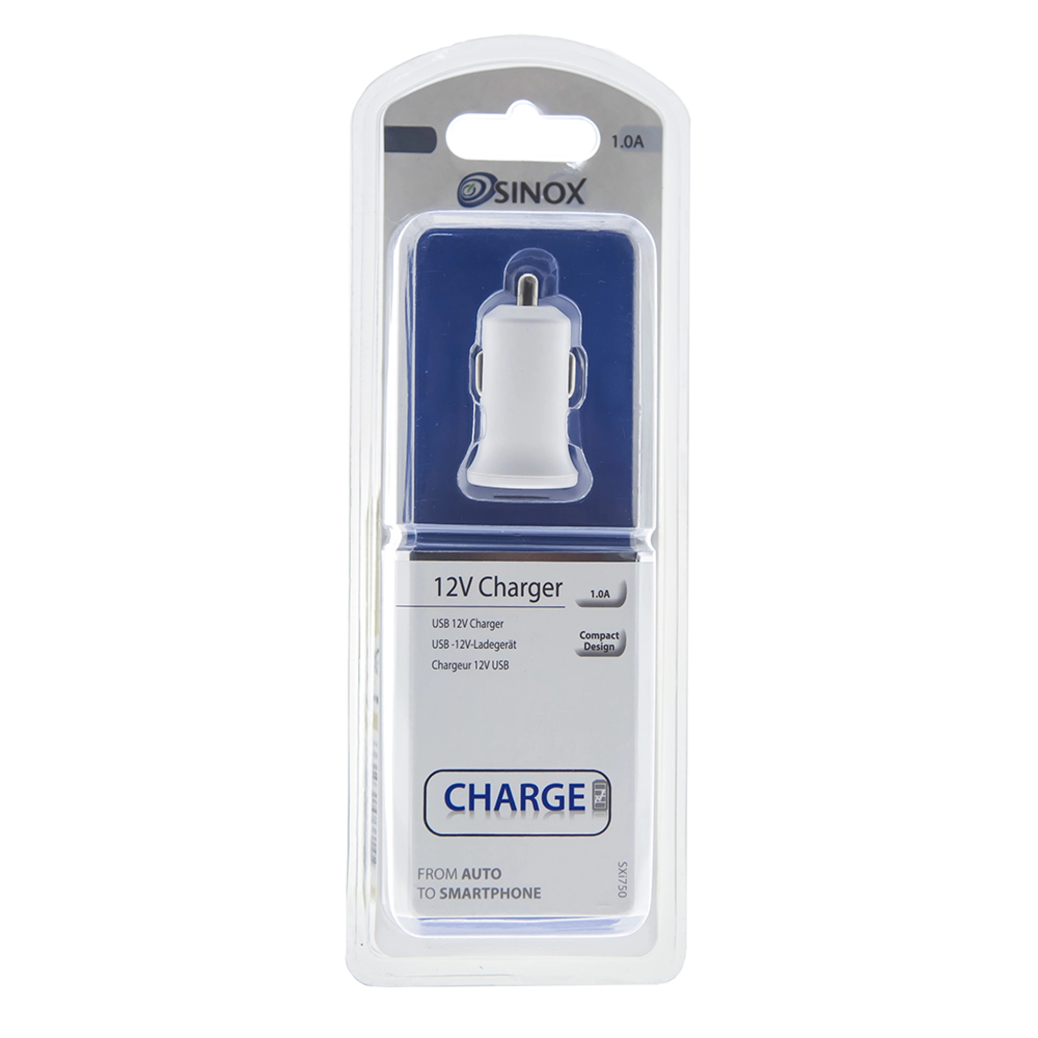 Sinox 12V USB A Car Charger. 1.0A. White