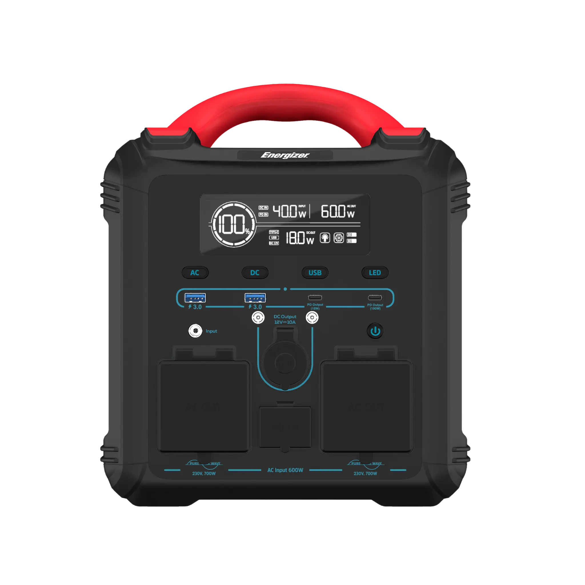 Energizer 700W bærbar kraftstation med dobbelt PD-udgang. Sort