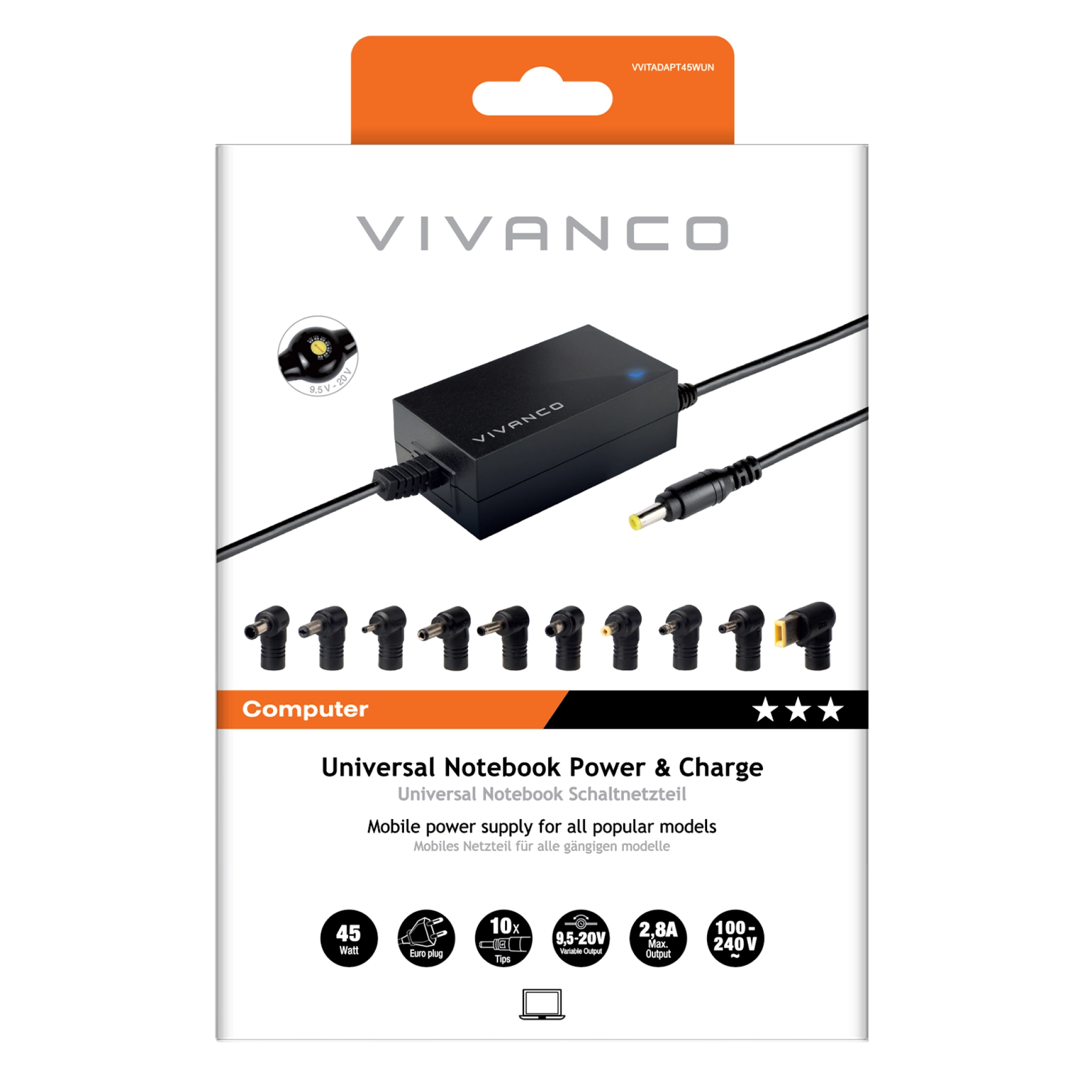 Vivanco Universalstrømforsyning med afbryder til notebooks og netbooks, 45 Watt