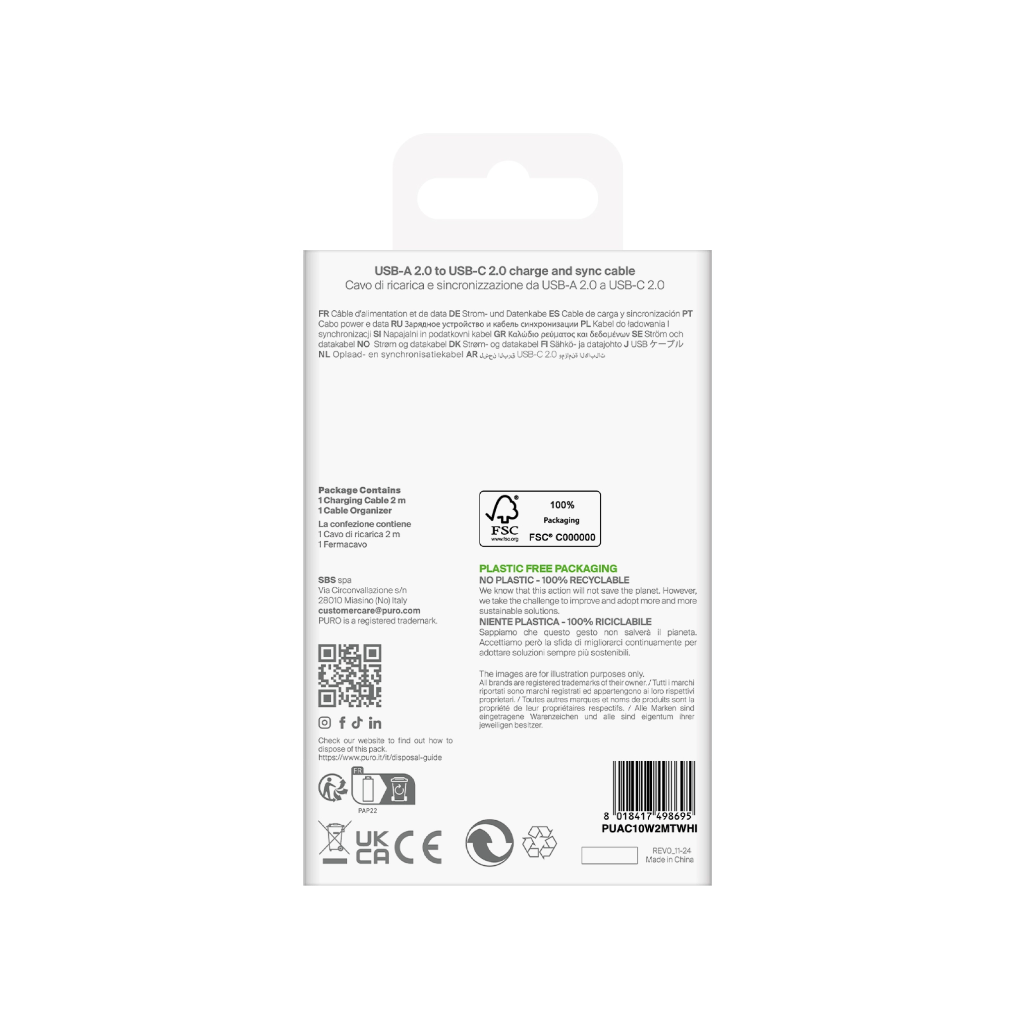 PURO TPE Cable USB-A to USB-C, 2m, 2.0, 10W, White