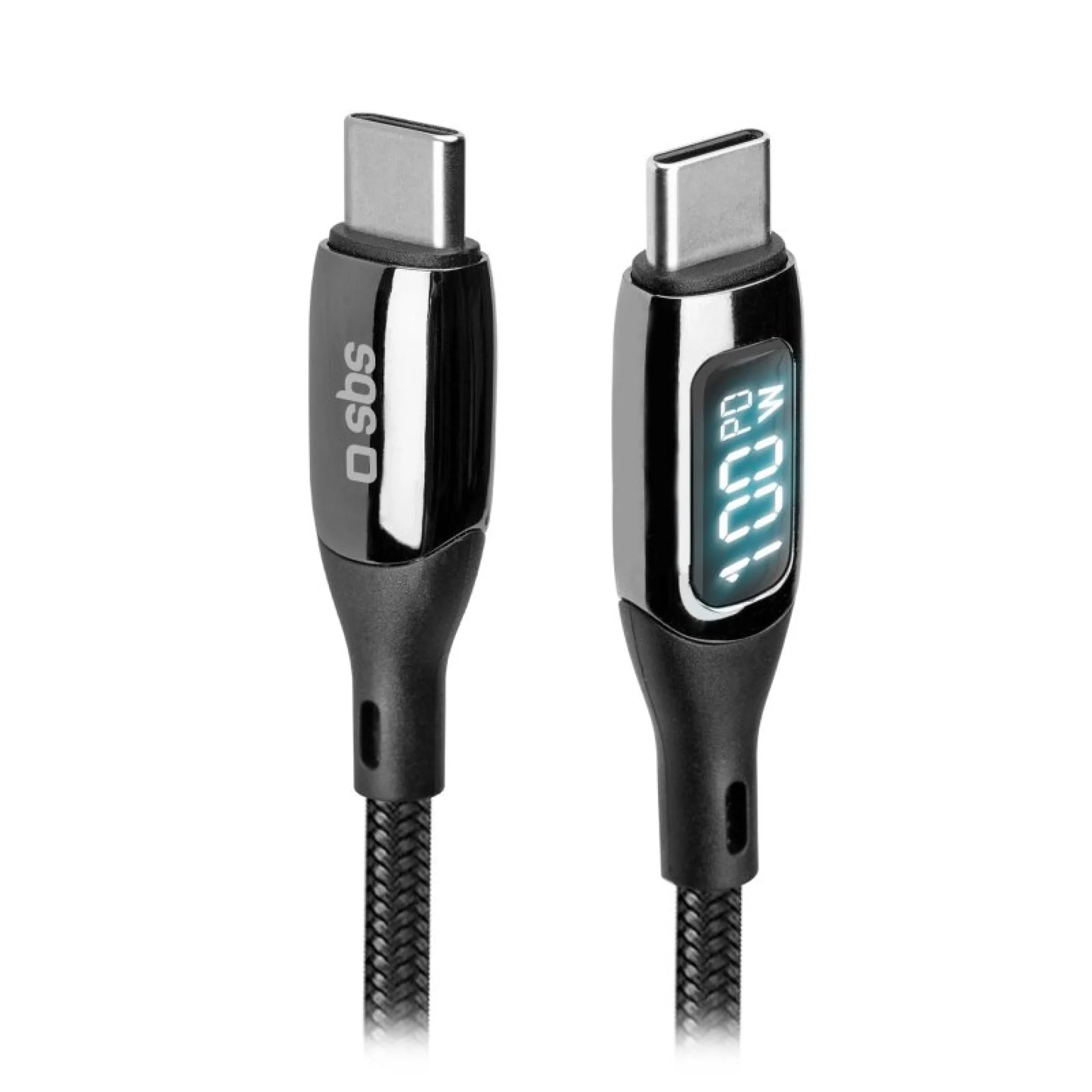 SBS USB-C to USB-C data and charging cable with LCD display. Black