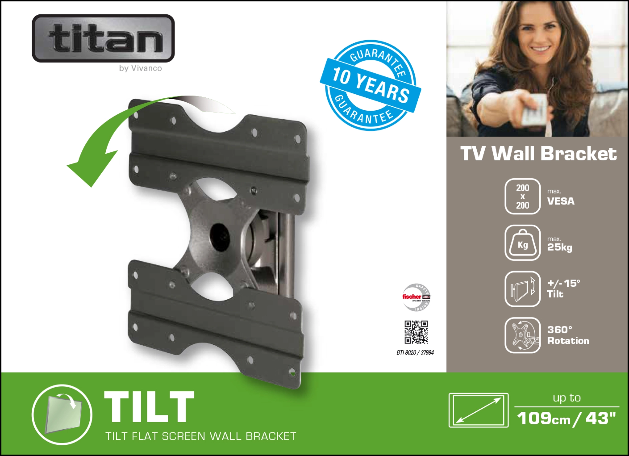 Vivanco TITAN TV-vægbeslag, TILT, 43", 25 kg, VESA 200x200