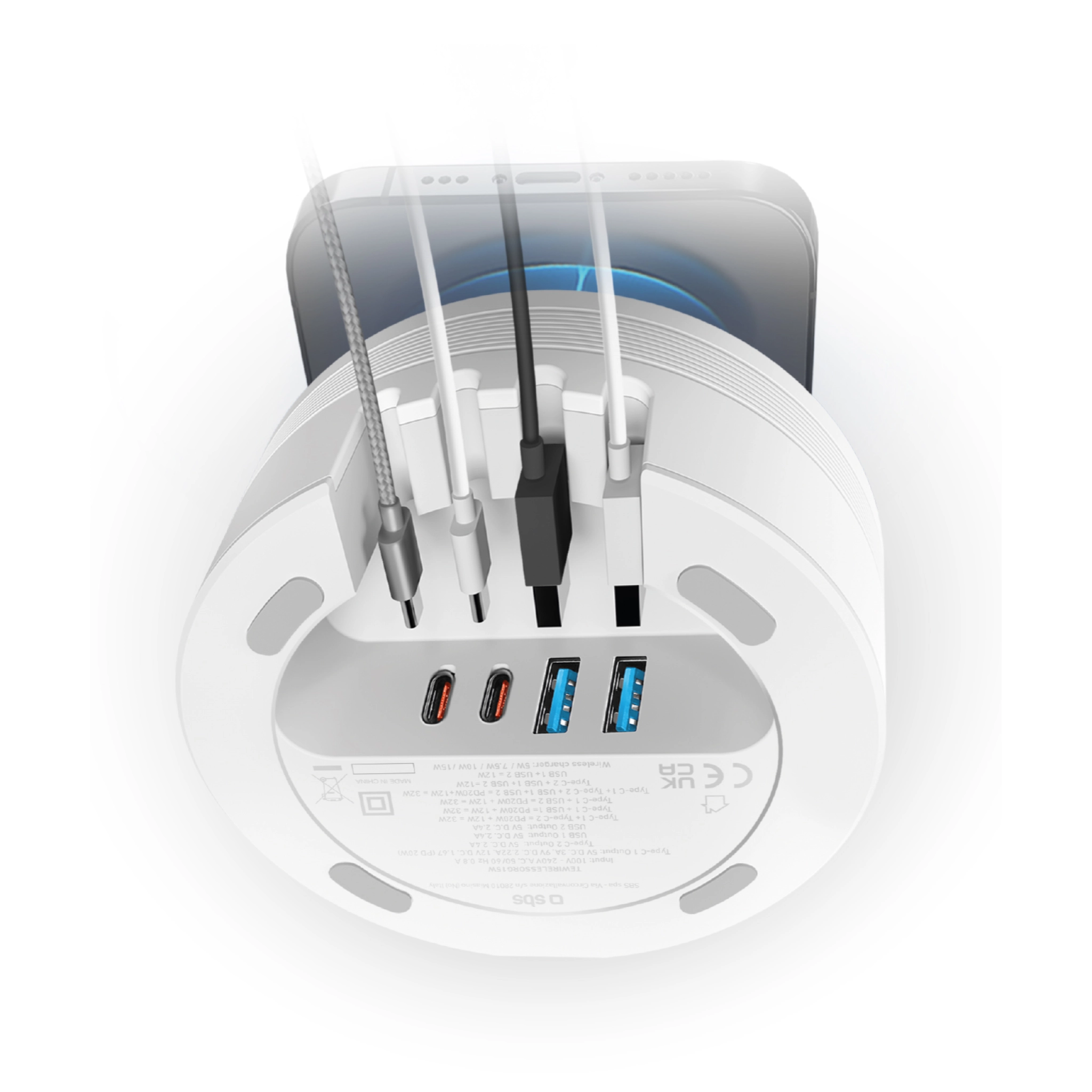 SBS Charging station with 2 USB-A ports, 2 USB-C ports and wireless charger. White