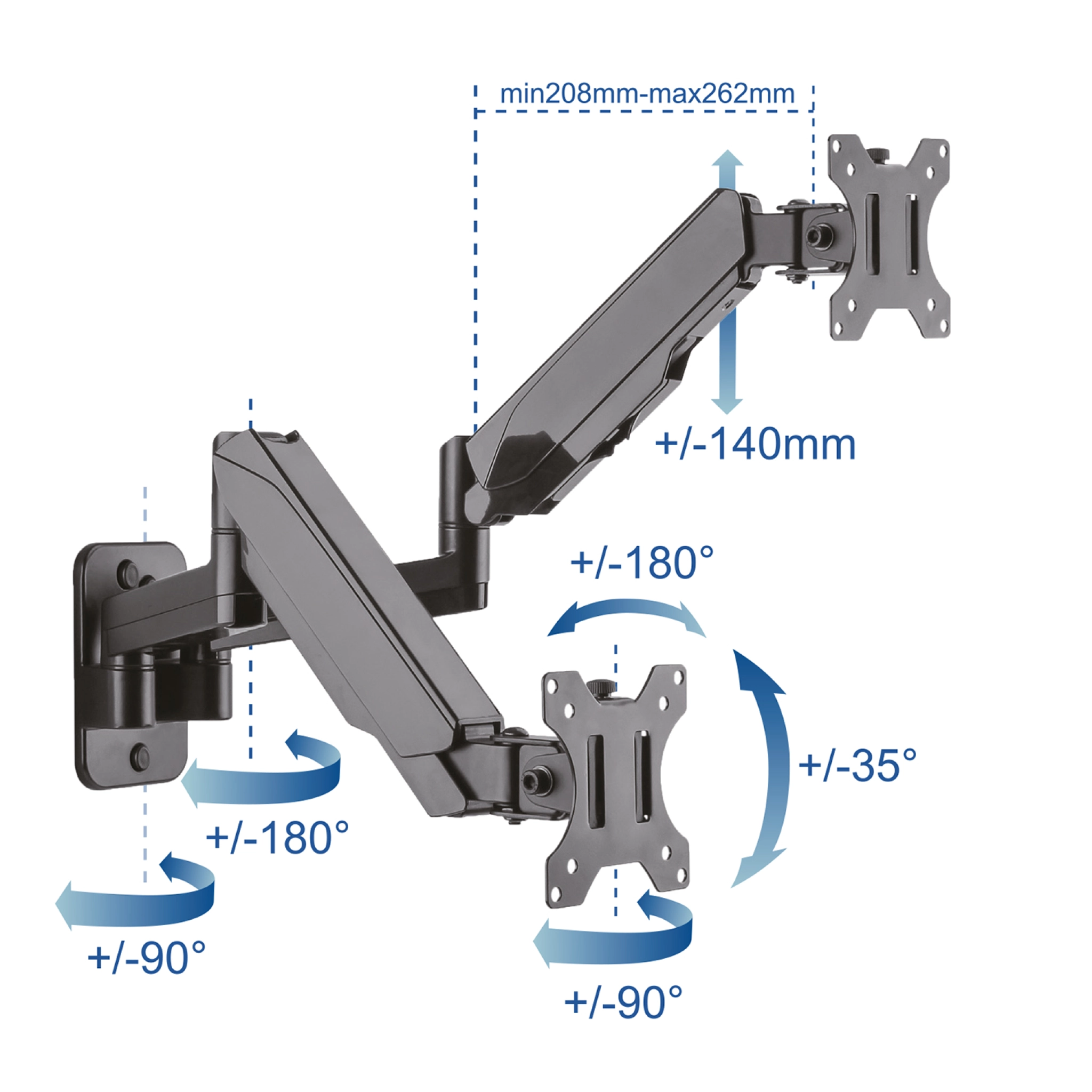 Sinox Office Dual Monitor Wall Mount with Gas Spring. Up to 32". Black