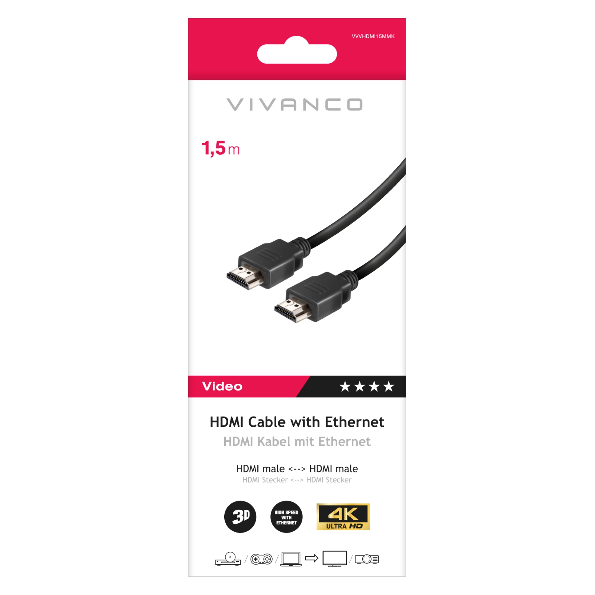 Vivanco HDMI Type A-kabel til 3D og 4K Ultra HD