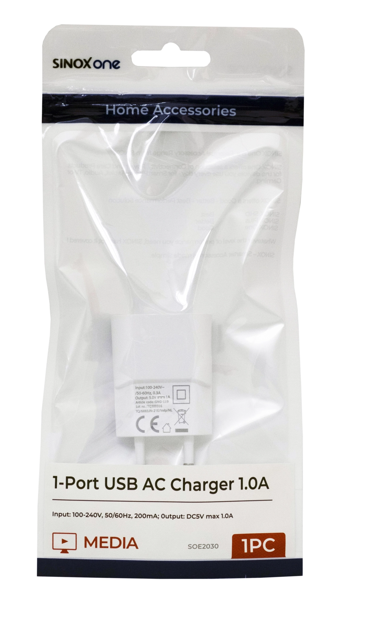 Sinox One 230V USB-A oplader 5W. Hvid