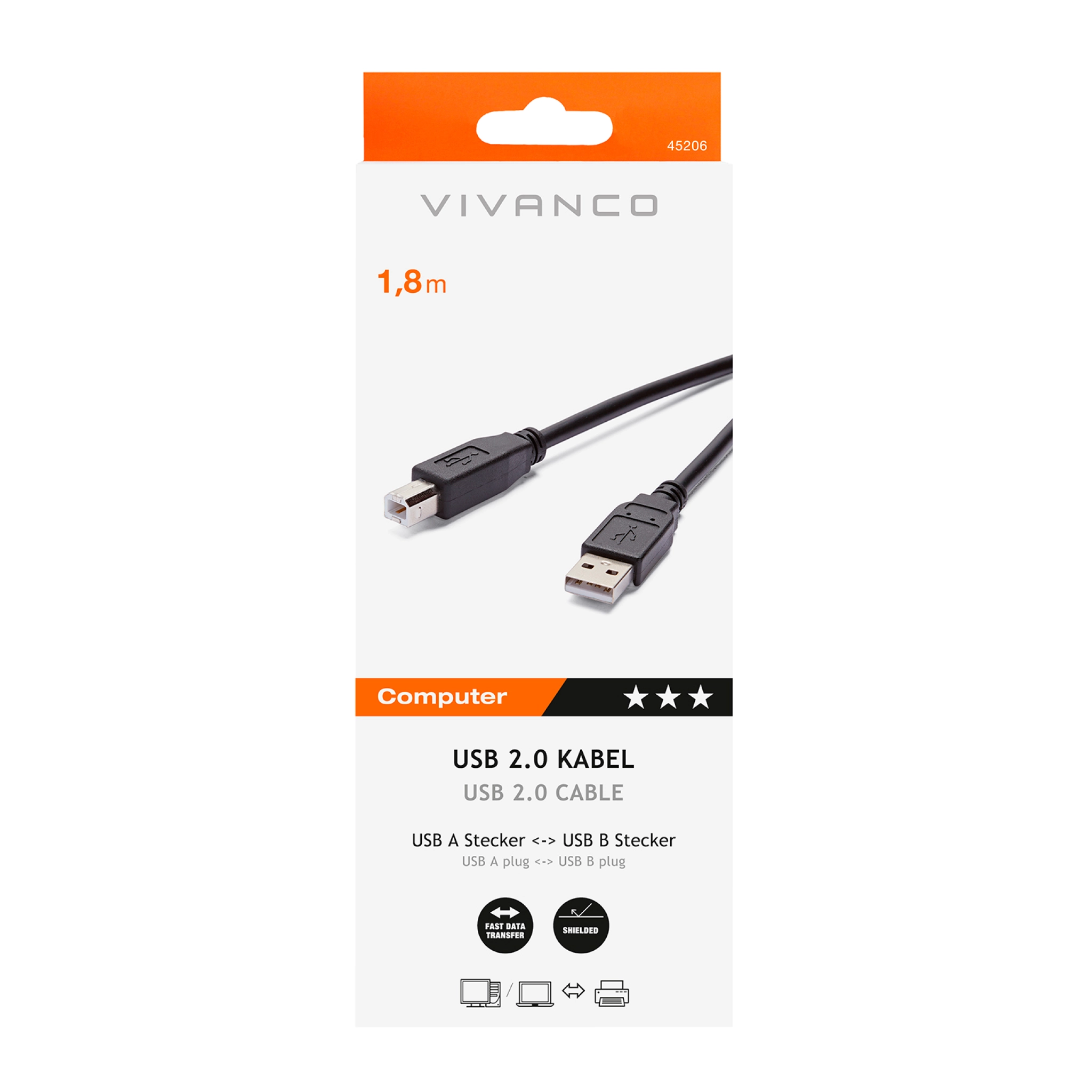 Vivanco USB-B 2.0-kompatibelt tilslutningskabel, 1,8 m