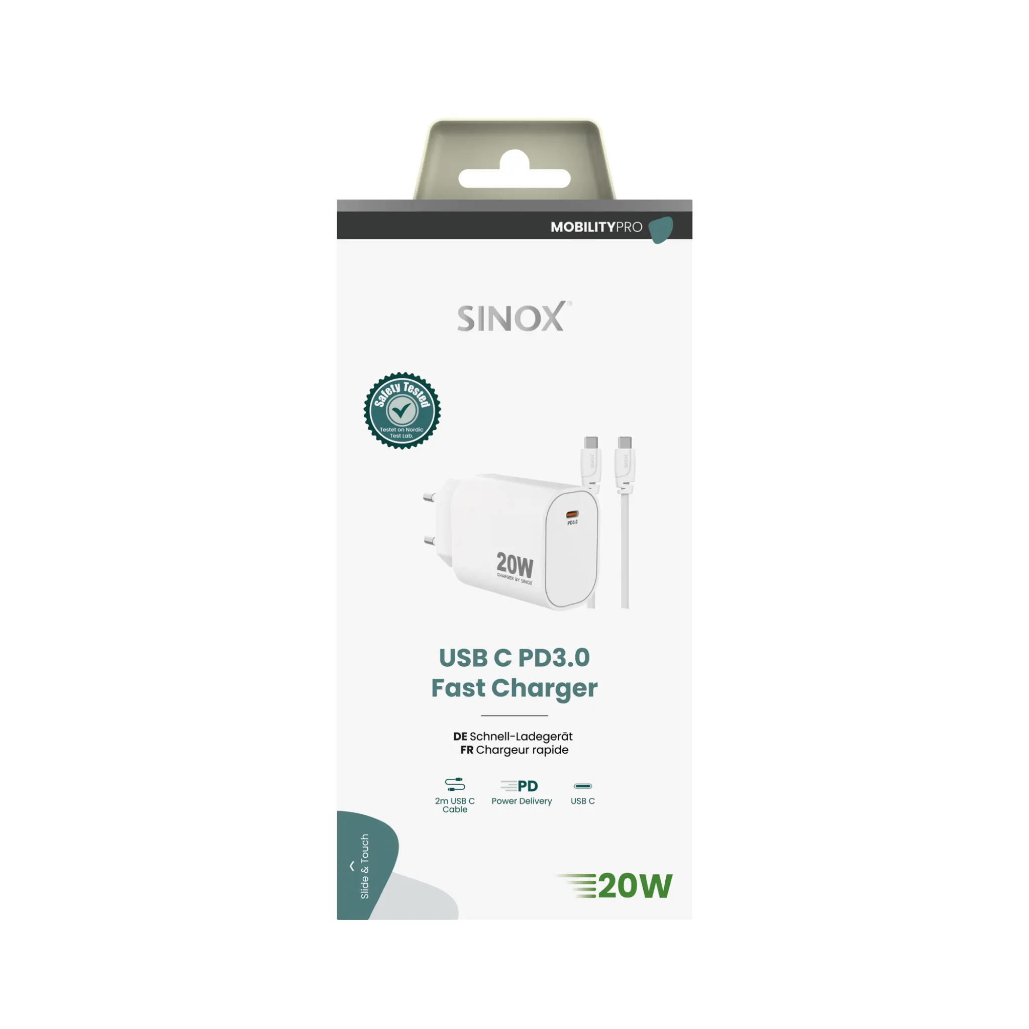 Sinox PRO Wall Charger USB-C PD 20W w/USB-C Cable. White