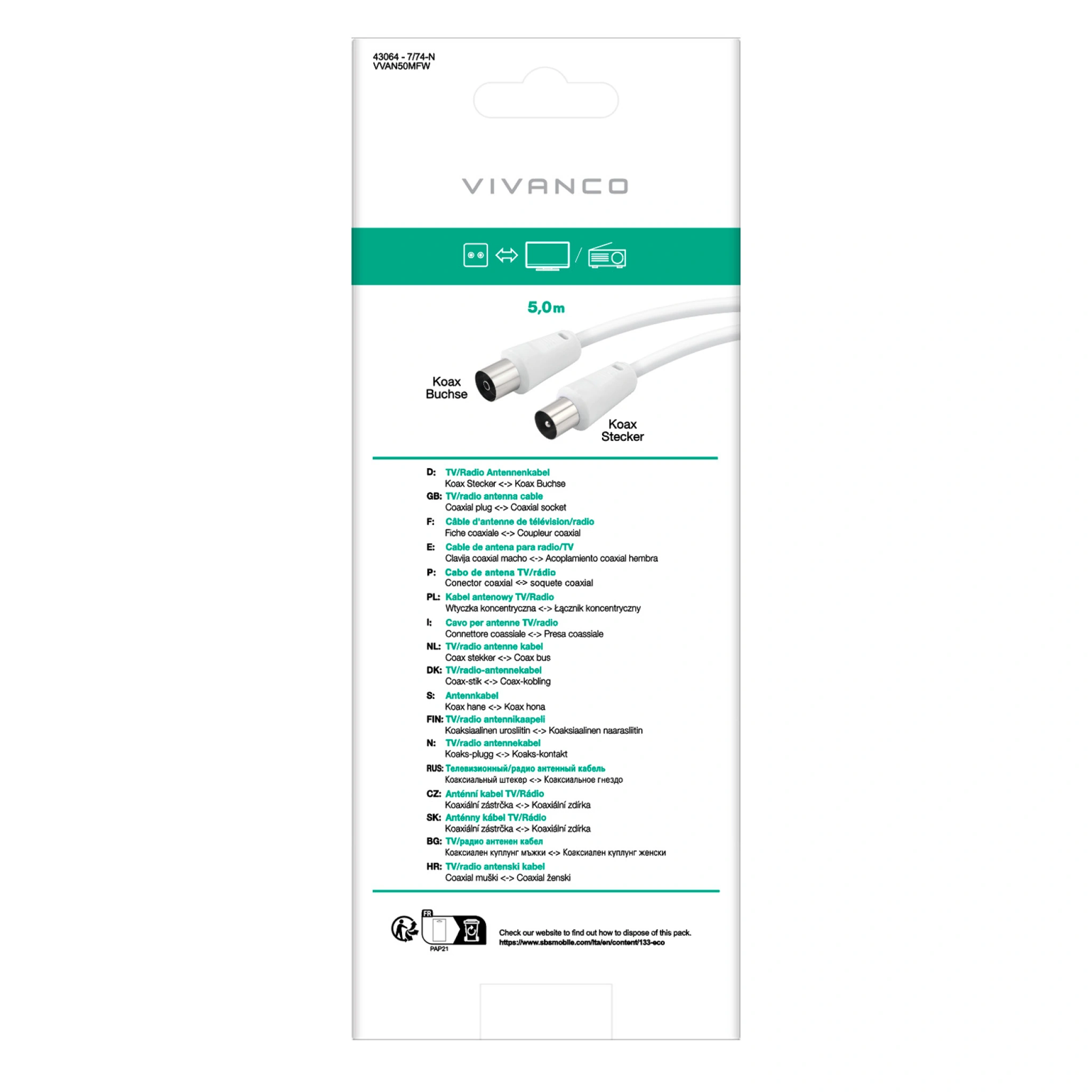 Vivanco Han/Han-antennekabel 50dB