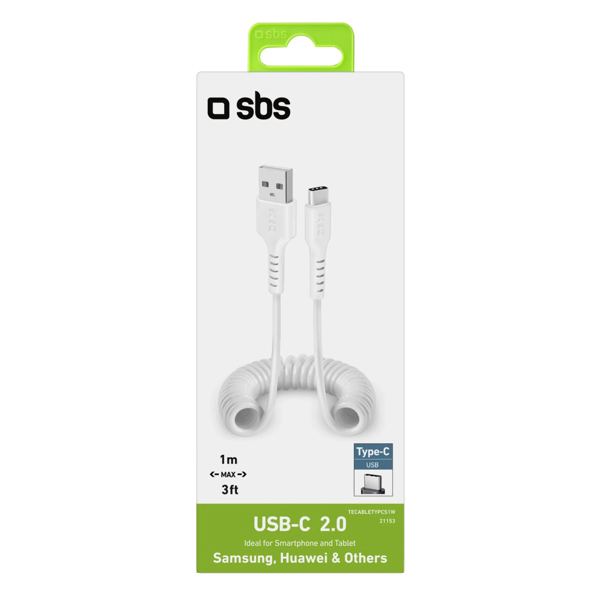 SBS Data and Charging Coiled Cable USB 2.0 - USB C. 17-100cm. White