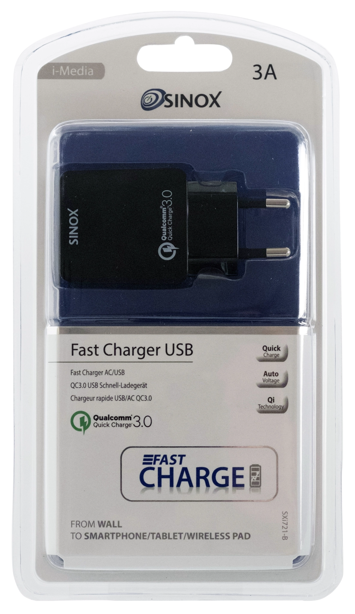 Sinox QC3.0 230V USB A charger. 3.0A. Black