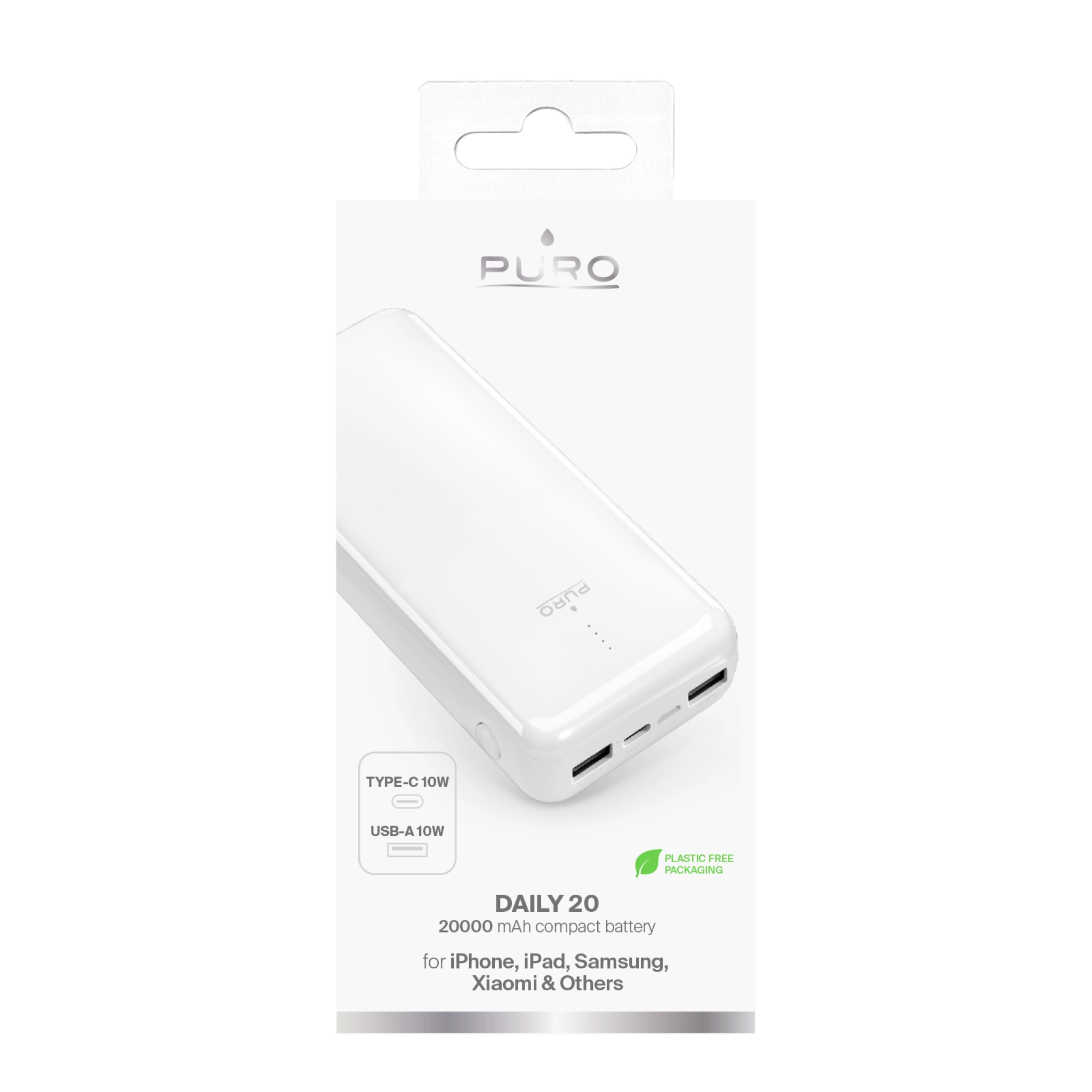 PURO Power Bank 20000mAh USB-C + 2 USB-A Fast Charge. White