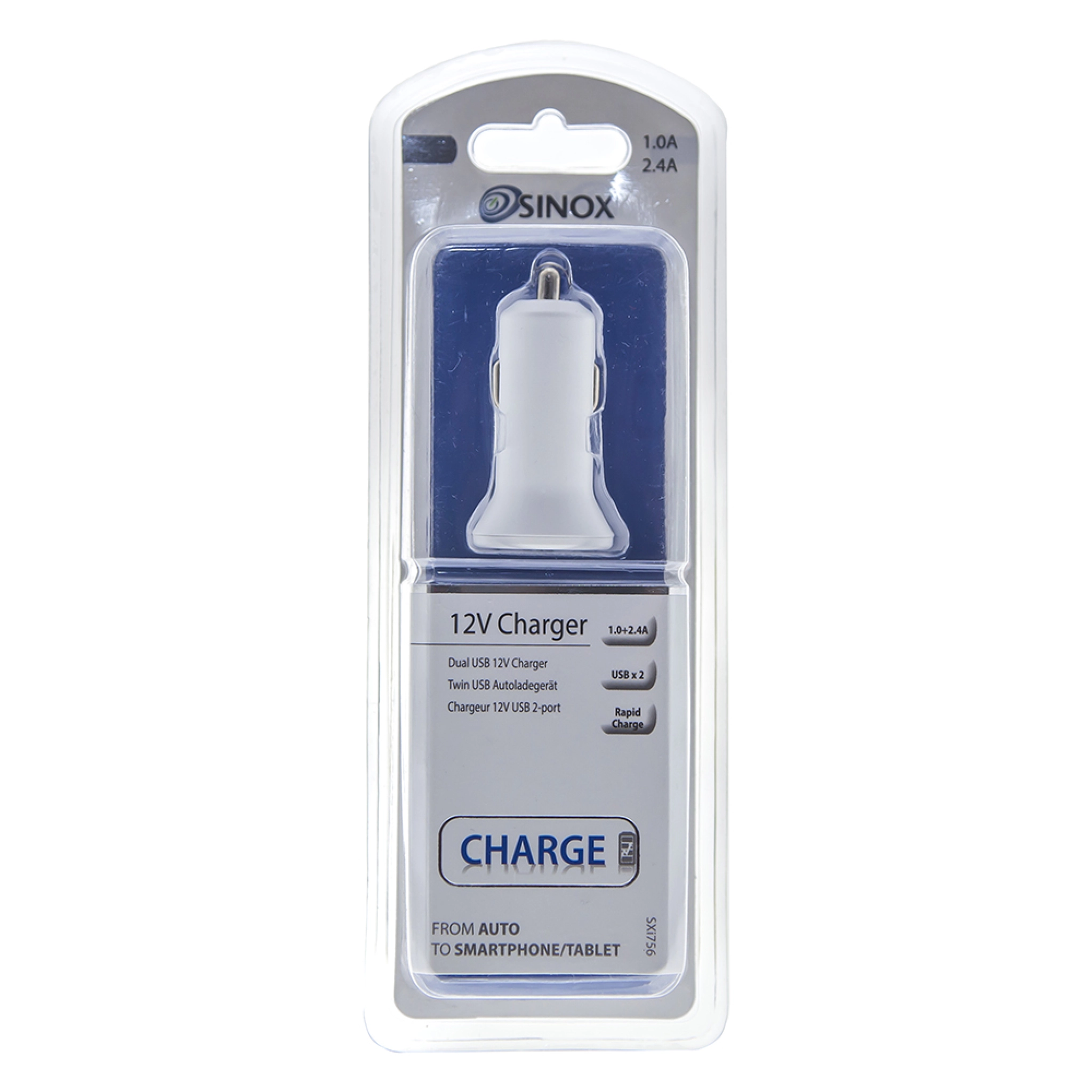 Sinox 12V Double USB A Car Charger. 1.0+2.1A. White