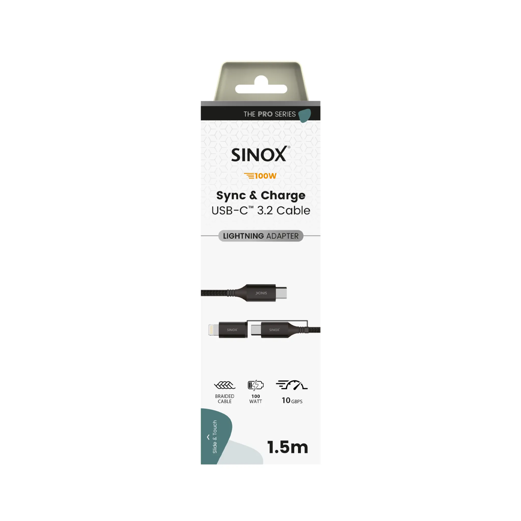Sinox PRO 2-i-1 kabel med USB-C og Lightning. 1,5m. Braided. Sort