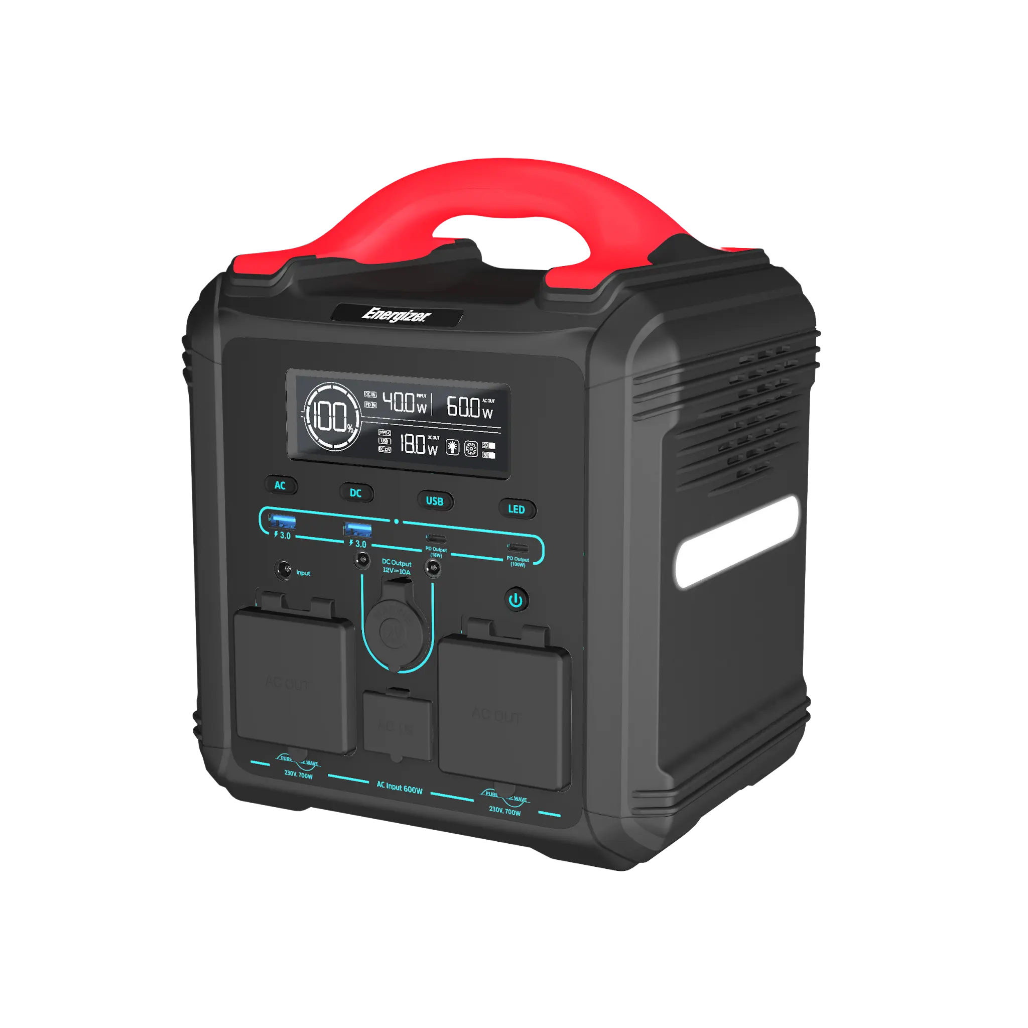 Energizer 700W bærbar kraftstation med dobbelt PD-udgang. Sort